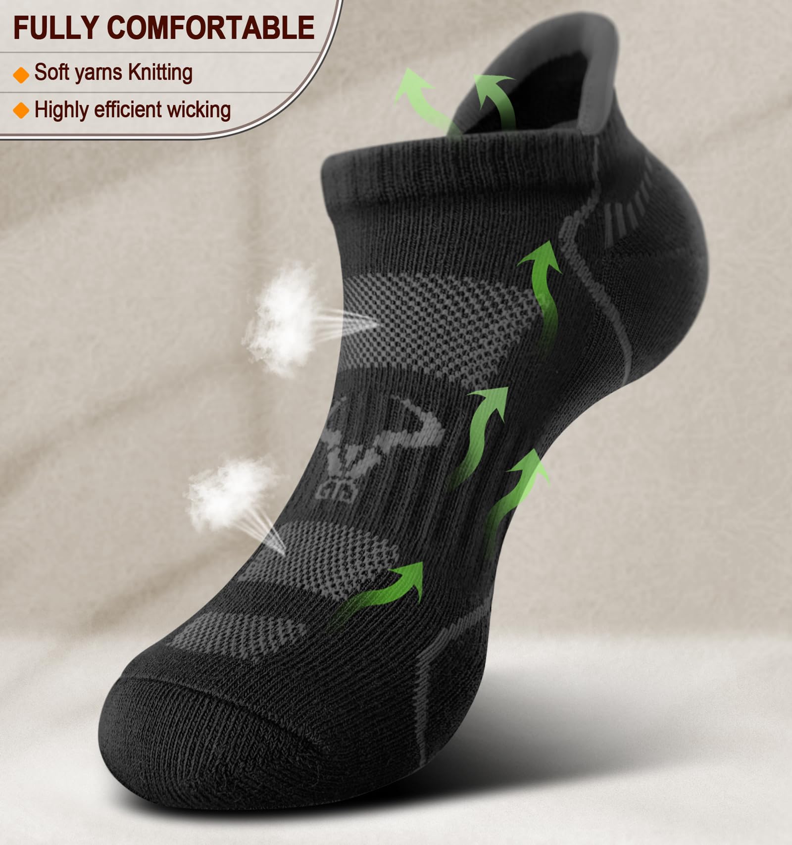 BULLIANT Men Running Socks 6Pairs-Ankle Athletic Socks Wicking Cushioned for Men Walking-Arch Compression Support(6Pairs,Shoes Size:Men 10-12)