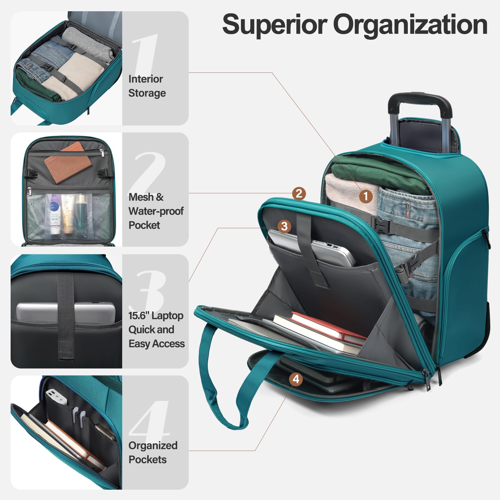 TIAWOLT Personal Item 16-Inch Underseat Carry on Luggage With Wheels Lightweight Wheeled Underseater under seat bags for airplanes Upright 2 Wheel Teal Green