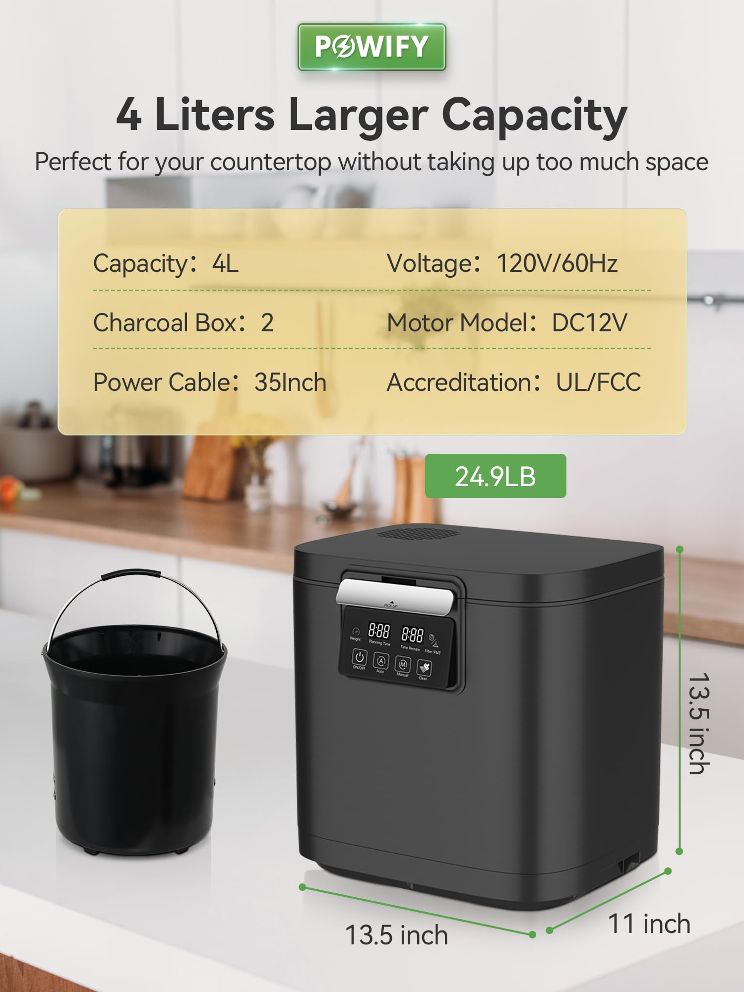 POWIFY Electric Compost Bin Kitchen 4L Capacity Composter Bins Outdoor Indoor with Tri-Blade, Smart Waste Dispenser Countertop Compost Machine with Lid Auto-Cleaning Cycle Odorless