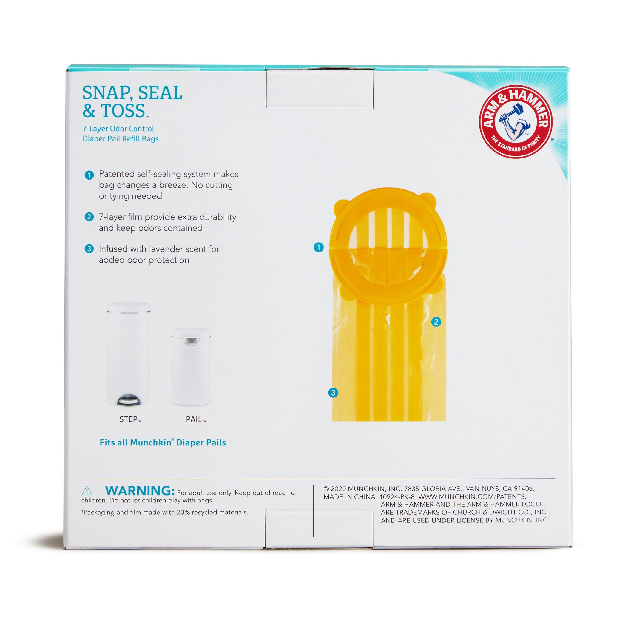 Munchkin® Arm & Hammer Diaper Pail Snap, Seal & Toss™ Refill Bags, Holds up to 600 Newborn Diapers, 20 Pack