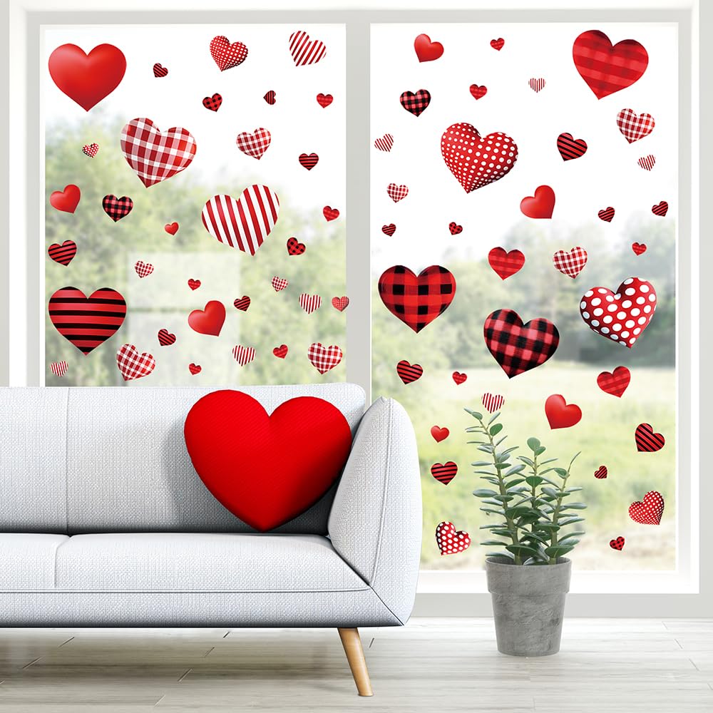 Valentines Day Decorations Window Clings, Resuable Red & Pink Heart Shaped Static Window Stickers for Valentines Day Decor - Valentines Day Decorations for The Home, Bathroom Window