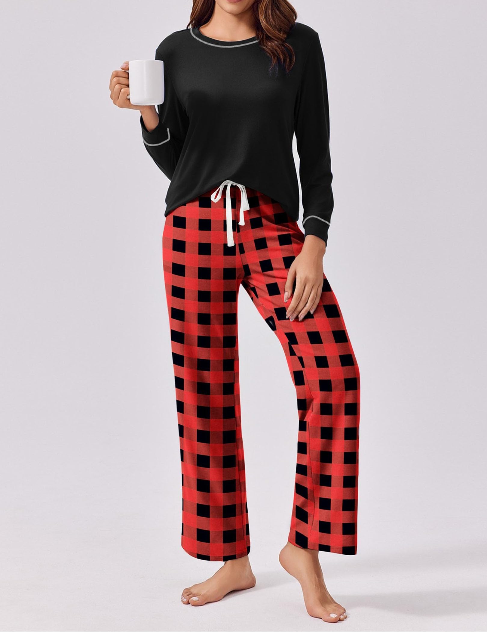 Ekouaer Womens Pajama Set 2 Piece Long Sleeve PJs with Plaid Pants Drawstring Elastic Waist Sleepwear Lounge Set Black and Red Plaid M