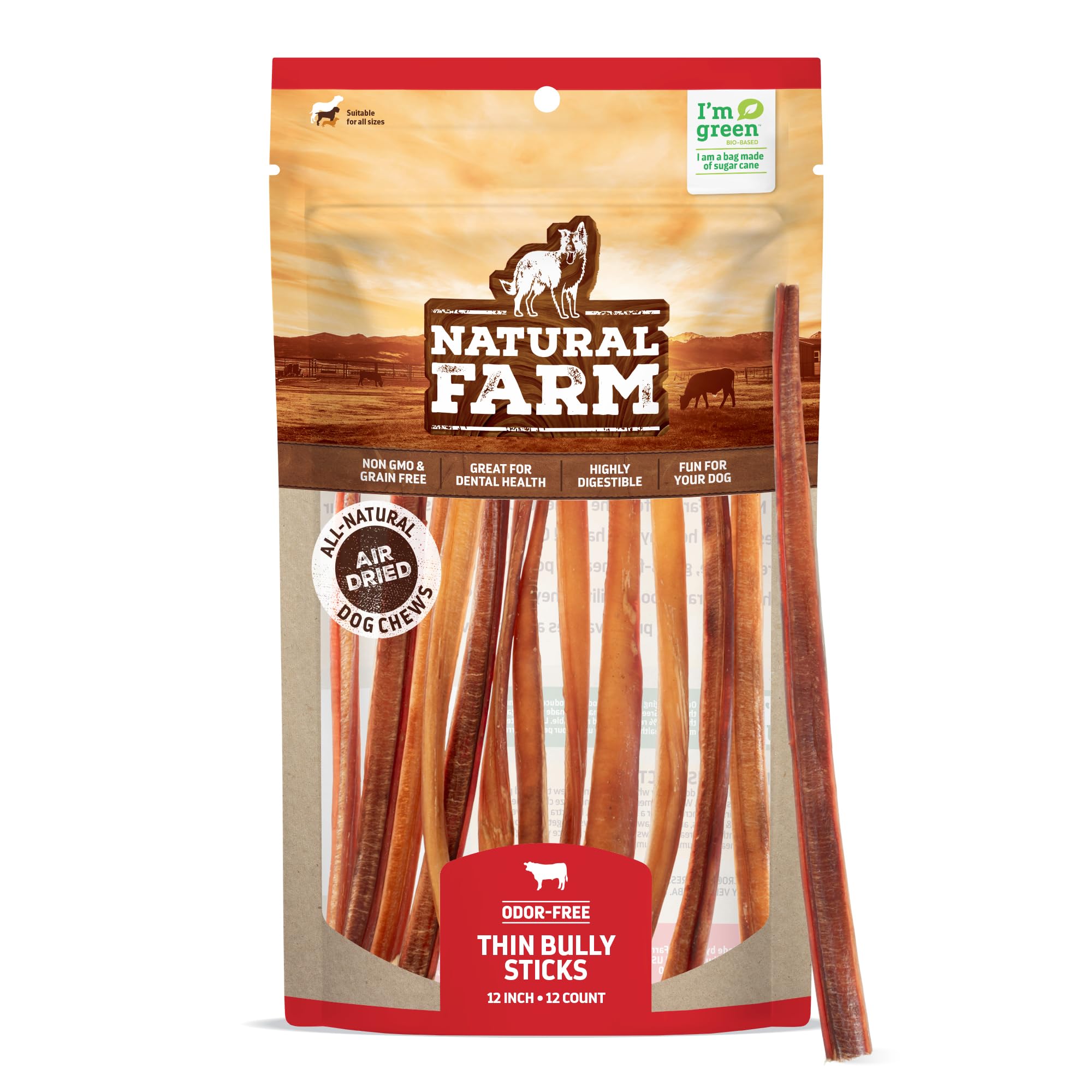 Natural Farm Odor-Free Thin Bully Sticks (12”, 12-Pack) All-Natural Long-Lasting Dog Chews, 100% Beef Pizzle, Grass-Fed, Grain-Free, Protein for Muscle Development & Energy, Perfect for Large Dogs