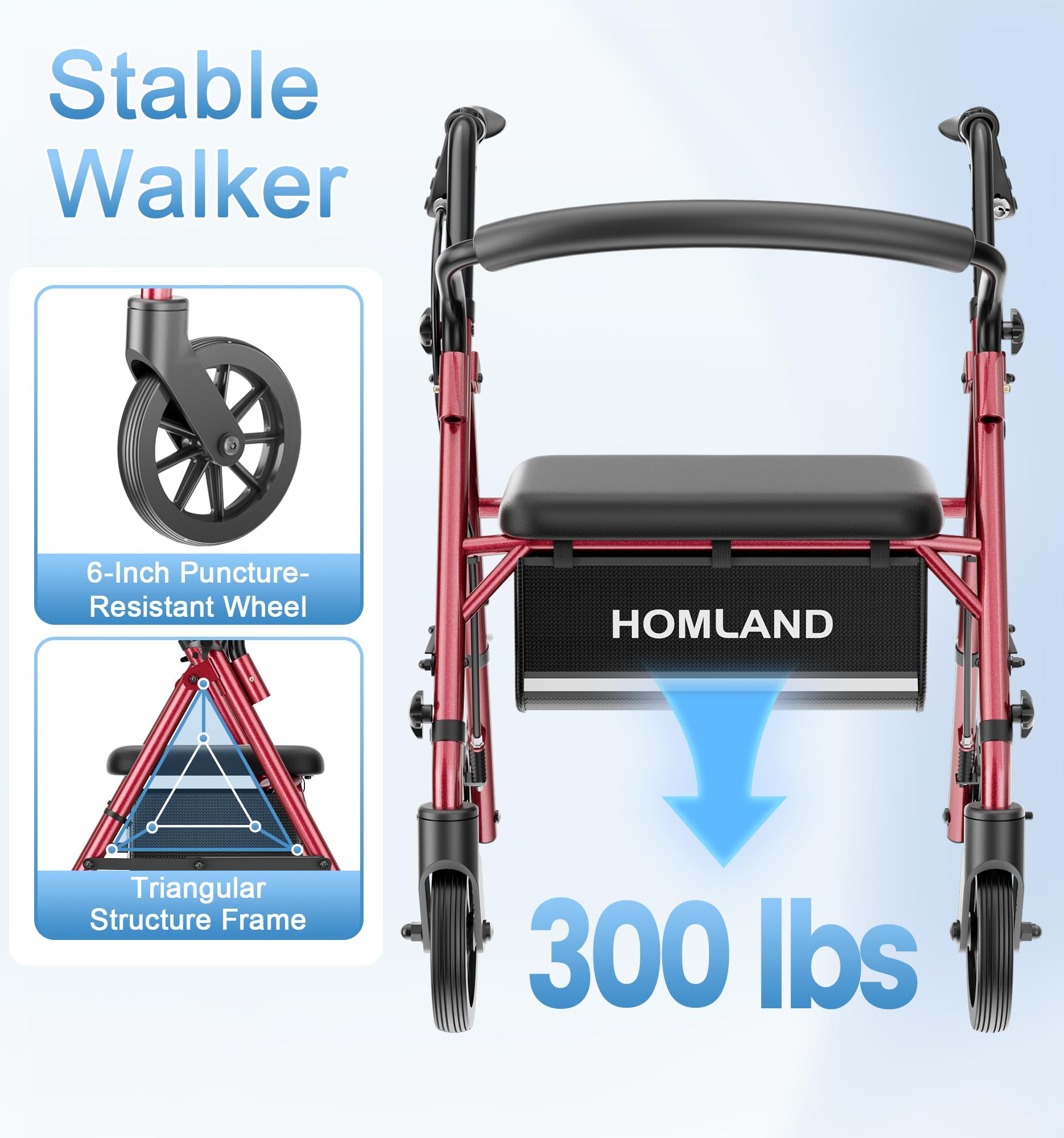 16 Pounds Lightweight Walkers for Seniors with Seat, Narrow Rolling Walker with 4 Puncture-Resistant Wheels, 5-Level Height Adjustable, 300 lbs Weight Capacity (Red)