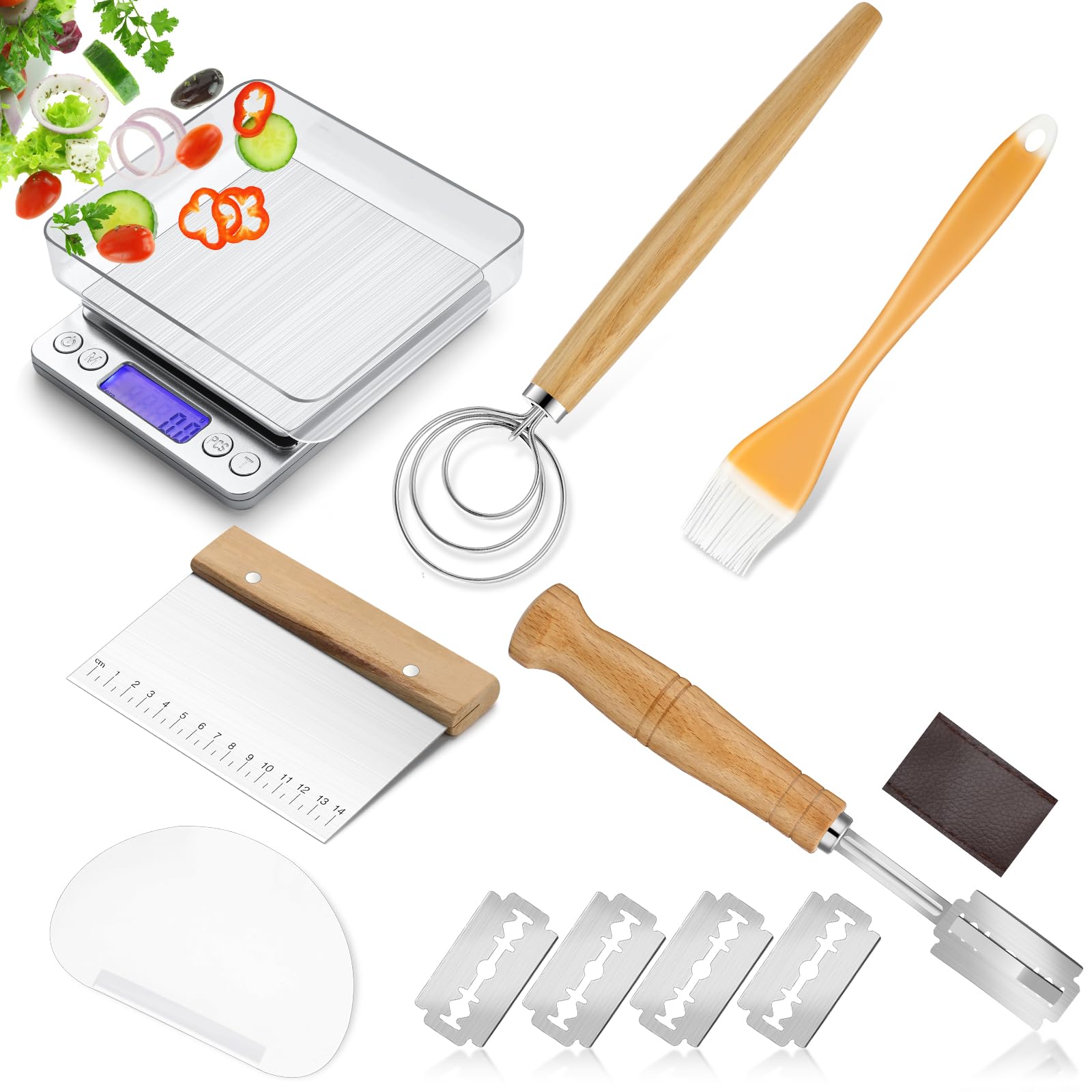 Qinyoung 6 Pcs Sourdough Starter Kit with Scale Dough Whisk Set Include Danish Dough Whisk, Dough Bread Scoring Tool, Scraper, Food Scale with Brush and Blades Bread Baking Tools and Supplies