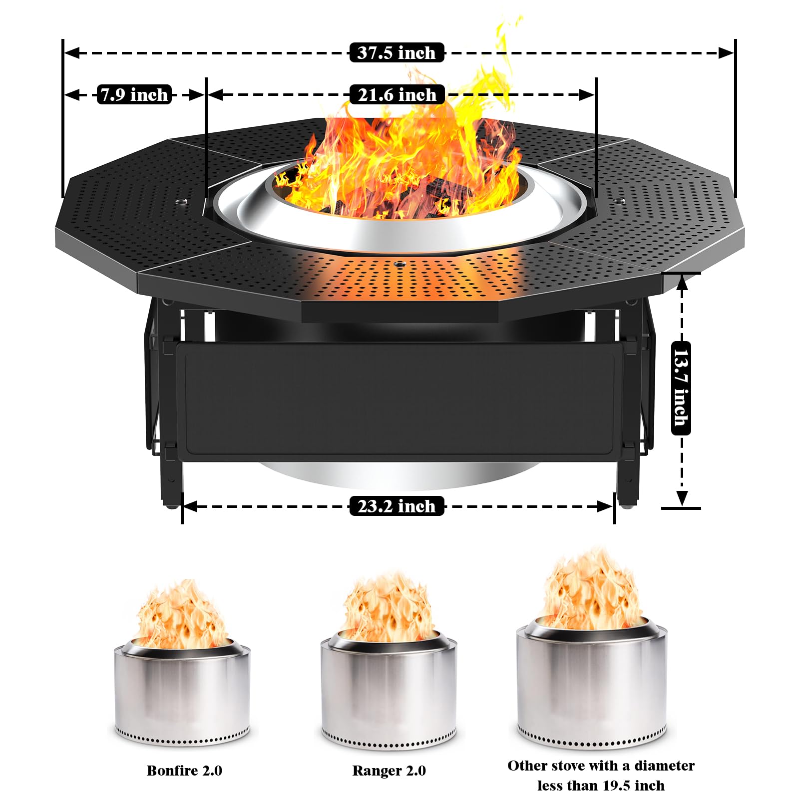Lezbanz Fire Pit Surround Tabletop for Solo Stove Bonfire Ranger 2.0, with UV-Resistant Outdoor Fabric, Thick Metal Black
