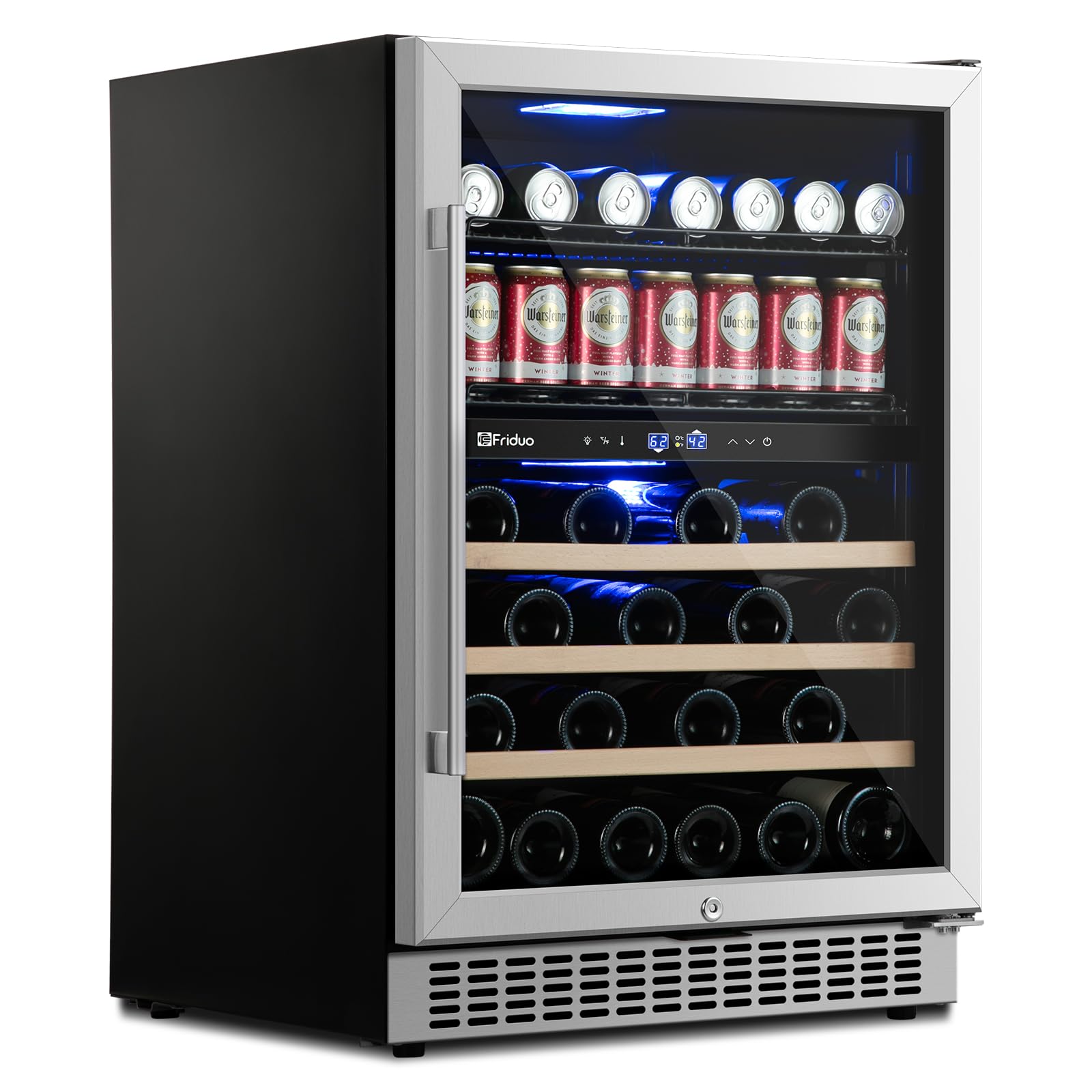 Friduo 24 inch Wine Beverage Refrigerator, Dual Zone Freestanding 30 Bottles and 82 Cans Wine Cooler Fridge with Low Noise Compressor Adjustable Shelves Cellar for Red, White or Champagne