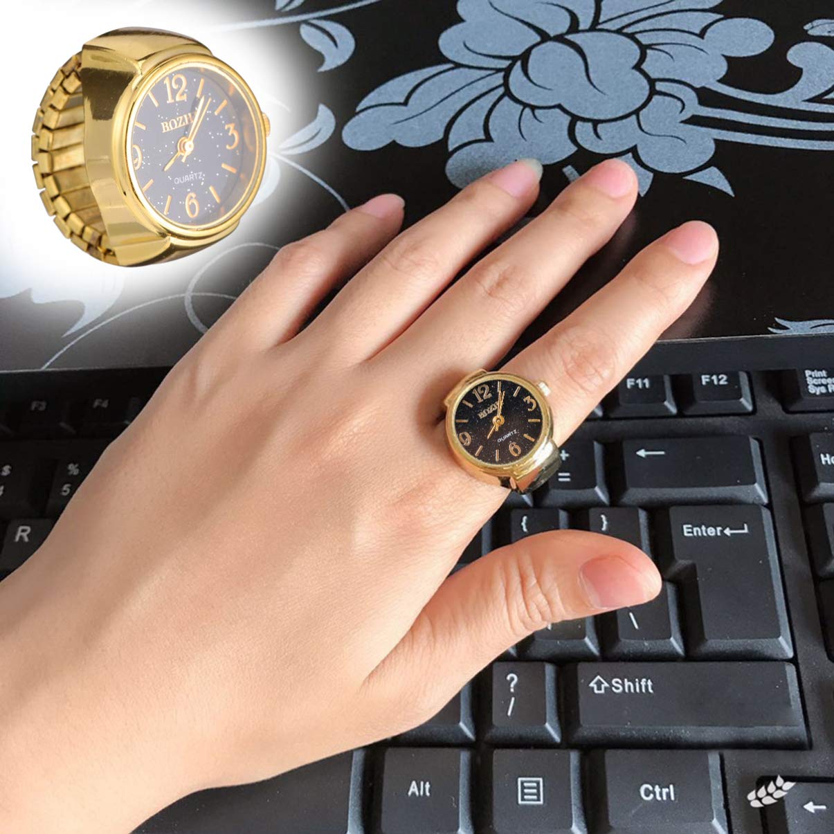 Baluue Women Men Finger Watch Vintage Ring Watch Round Quartz Analog Finger Ring Watch for Birthday Graduation Black