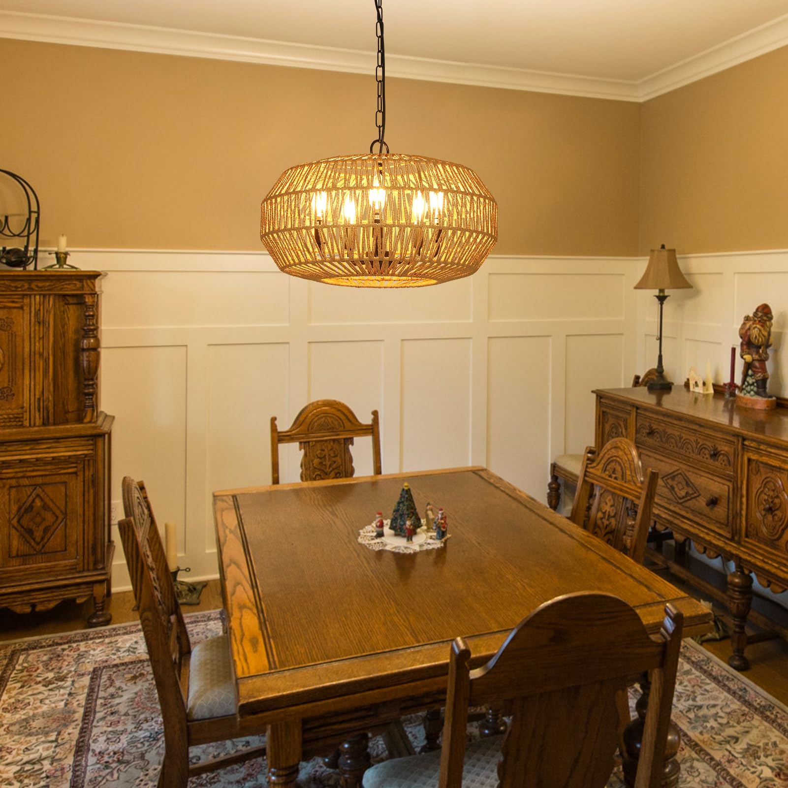 Stepeak Large Farmhouse Chandelier Light Fixtures, 5-Lights Boho Rattan Pendant Lighting with Woven Wicker Shade, Coastal Basket Chandeliers for Dining Room Living Room Kitchen Island Bedroom