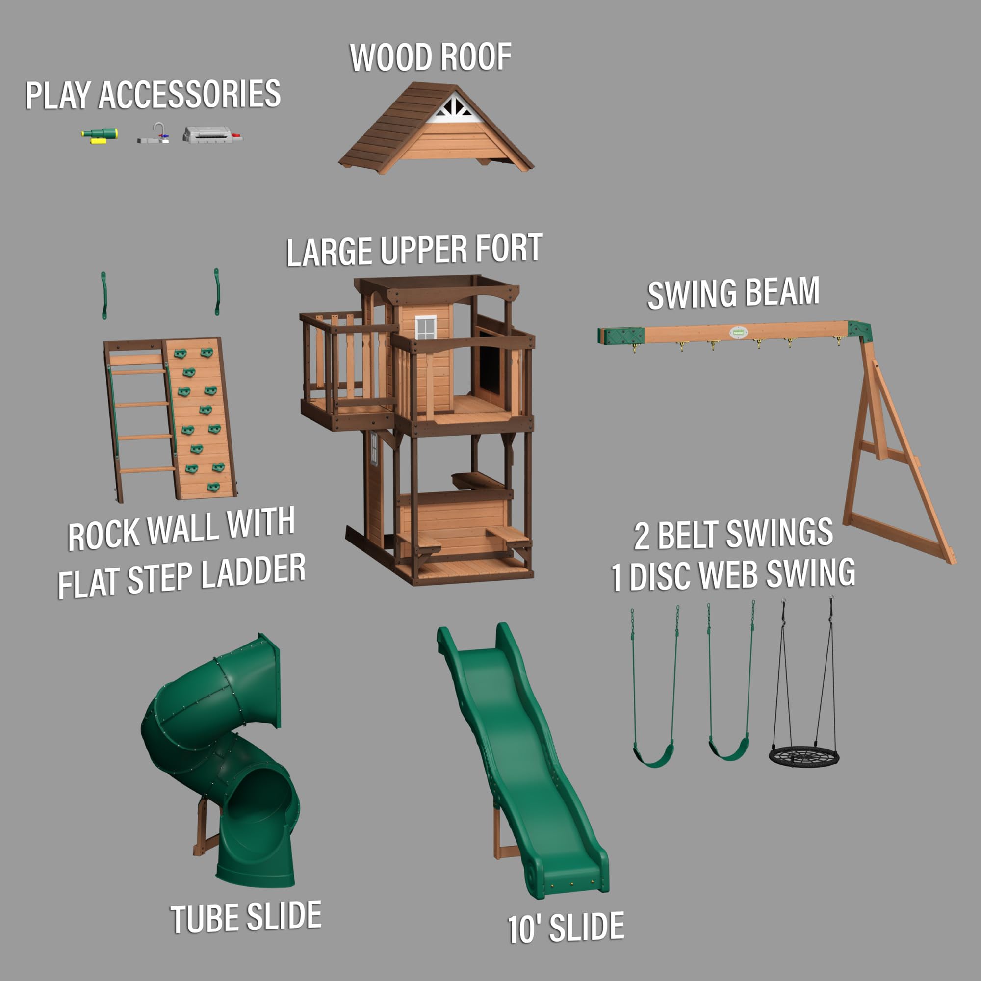 Backyard Discovery, Cedar Cove Wood Swing Set, Playground Fort, Chalkboard, Telescope, Dual Slide, Kitchenette, Wide Swing Lanes, 5ft Rock Wall, Step Ladder
