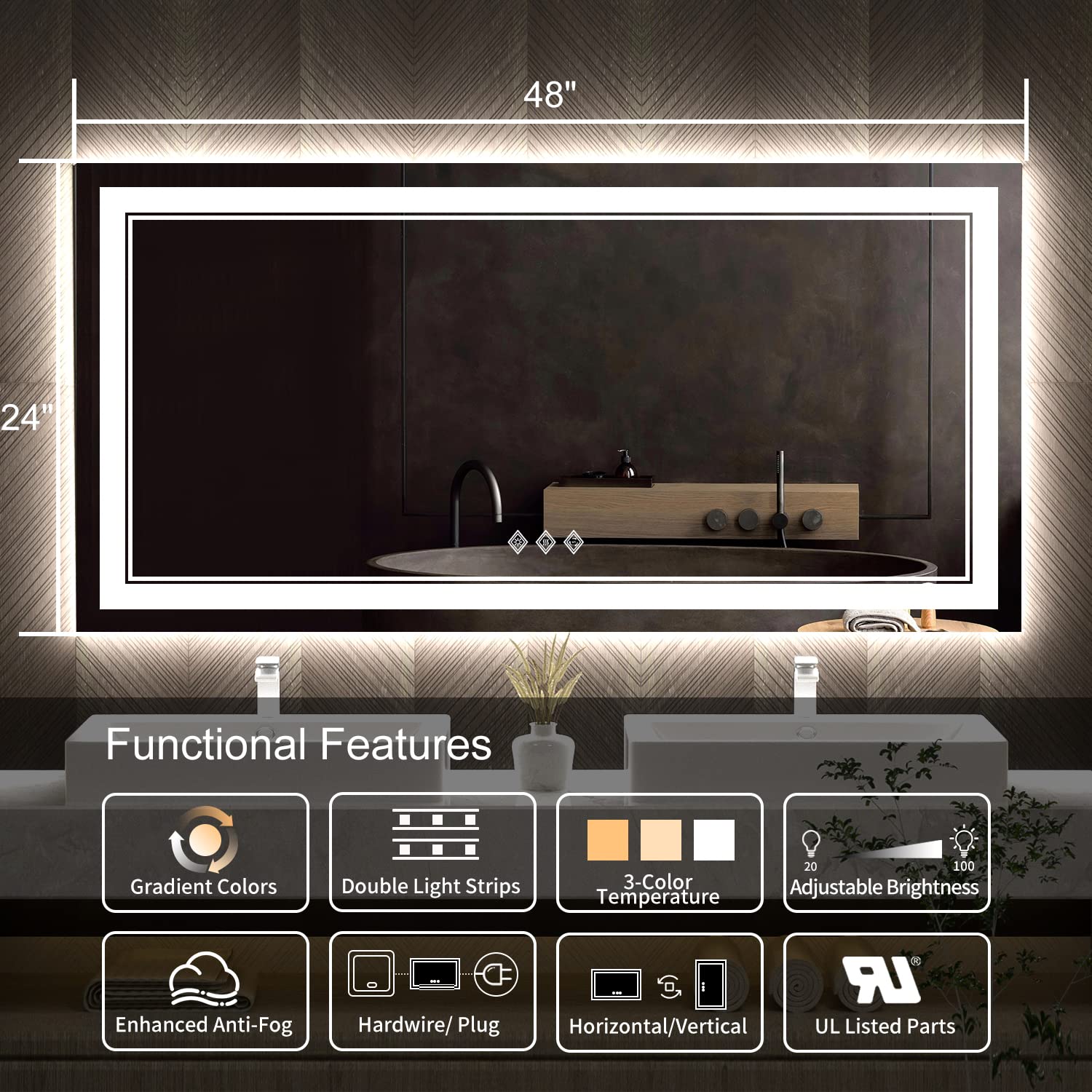 VanPokins Bathroom Vanity Mirror, 48x24 Inch Gradient Front and Backlight Bathroom Mirror, 3 Colors Dimmable CRI>90 Double Lights, IP54 Enhanced Anti-Fog, Hanging Plate Wall Mount LED Bathroom Mirror