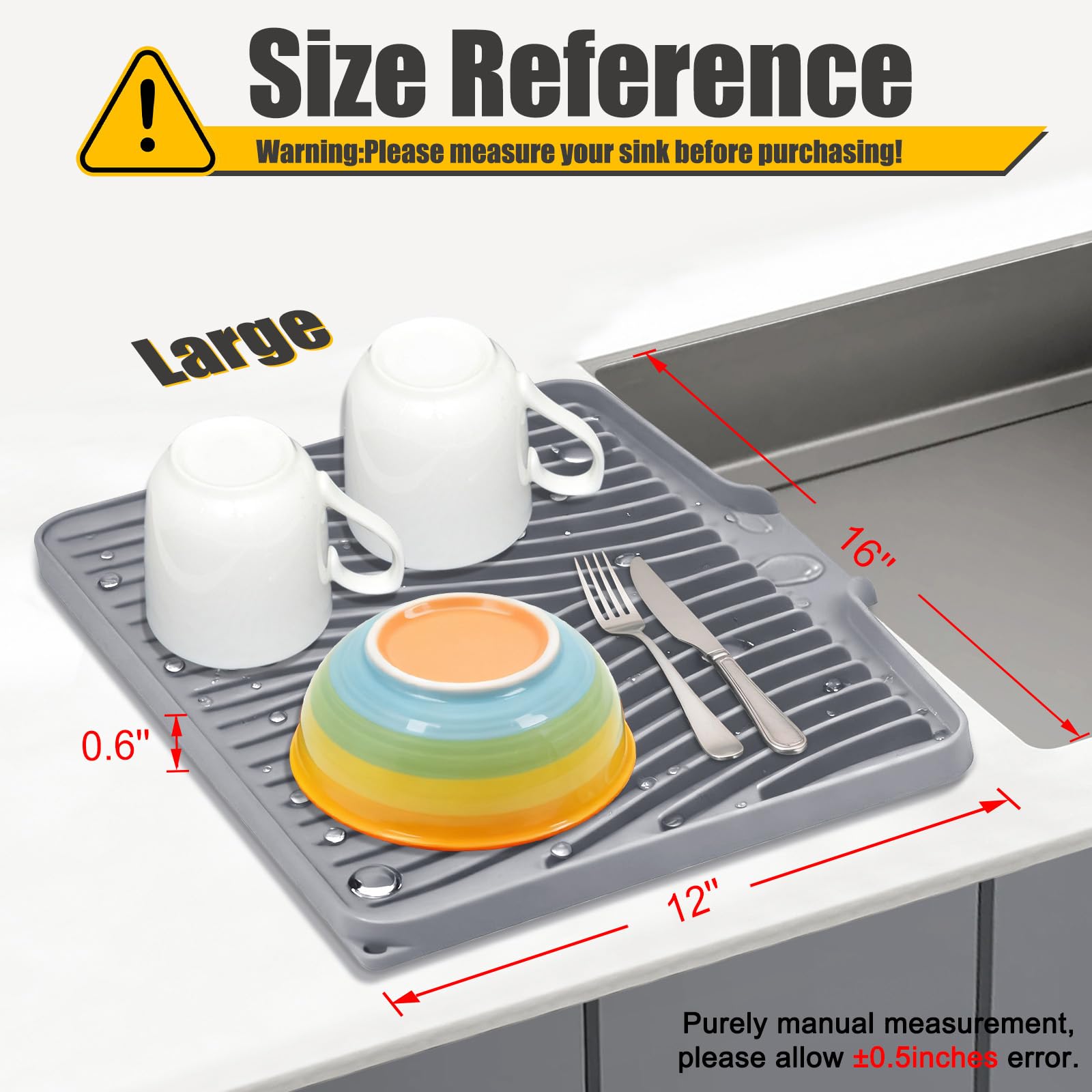 TIKNIK Silicone Dish Drying Mat, Stone Drying Mat for Kitchen Counter with Built-In Drain, Non-Slip Drain Pad with Built-in Drain, Heat Resistant Stone Drying Mat, Hangable, Grey-1pcs, 16" x 12"