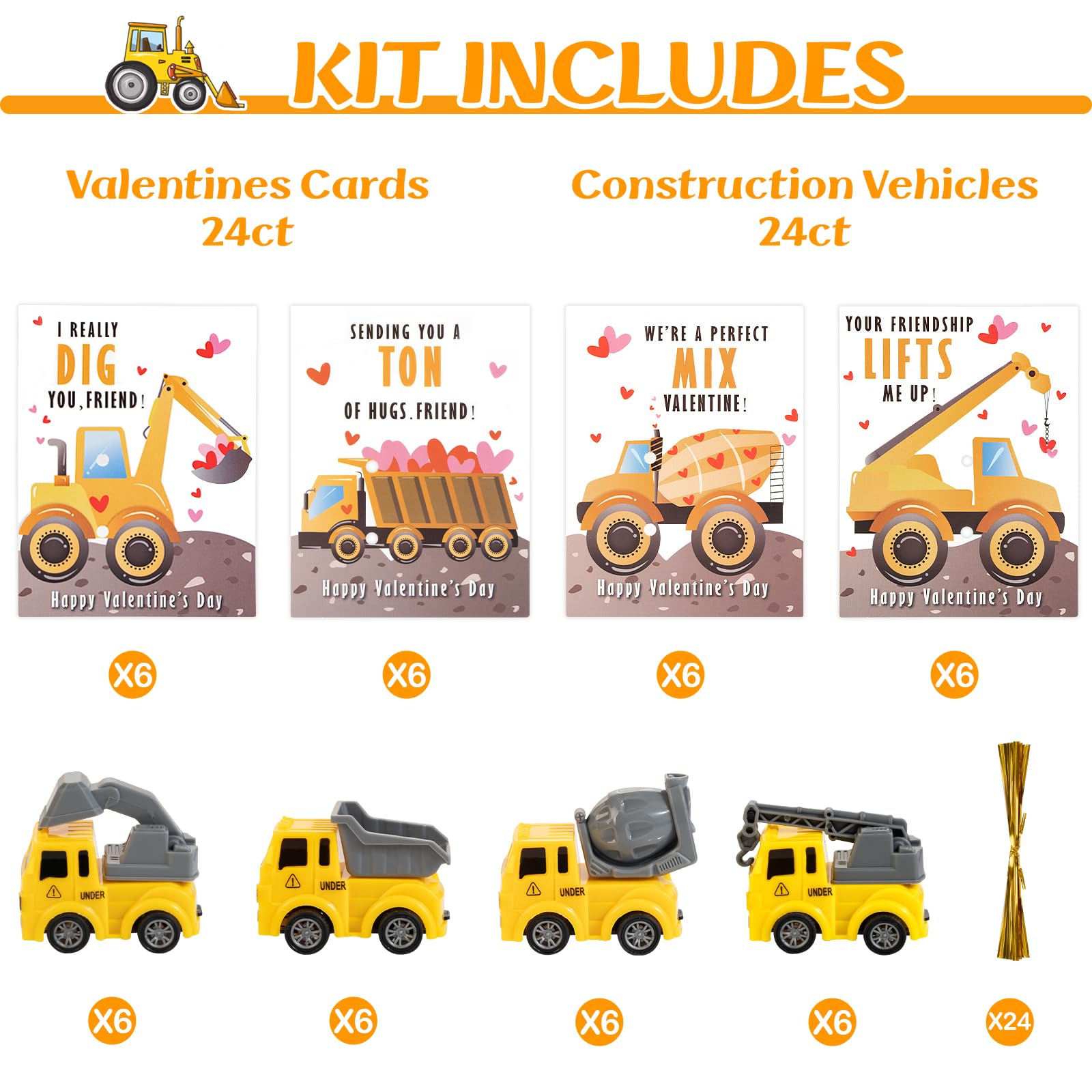 Thigreact Valentines Cards for Kids Classroom - Valentines Day Gifts for Kids - 24 Construction Vehicles Toys Card Bulk - Valentine Exchange Cards for Toddlers Boys School Party Favors