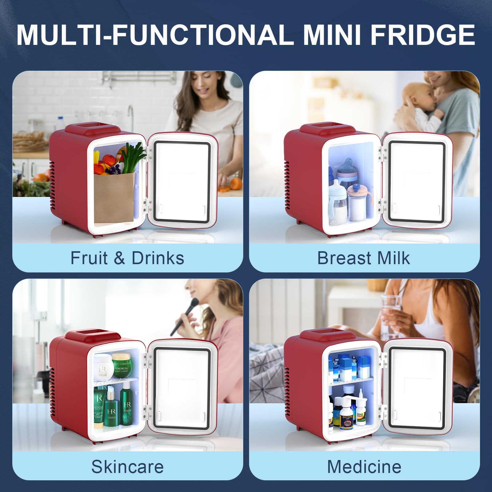 Mini Fridge Red, 4 Liter/6 Cans Skincare Fridge for Bedroom, 110V AC/12V DC Portable Thermoelectric Cooler and Warmer Small Refrigerators for Beauty & Makeup, Dorm Office and Car, DIY Shelves