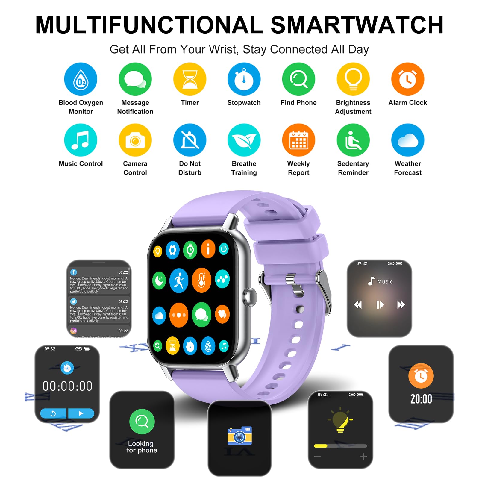 Smart Watch(Answer/Make Call), 1.85" Smartwatch for Women IP68 Waterproof, 100+ Sport Modes, Fitness Activity Tracker Heart Rate Sleep Monitor Pedometer, Smart Watches for Android iOS, Lavender Purple