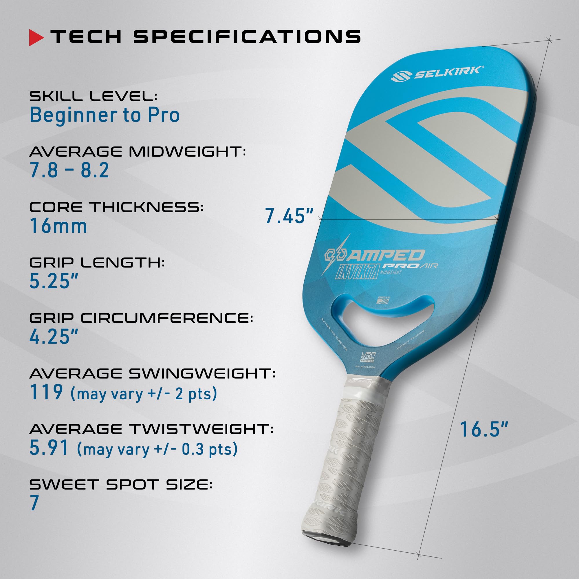 2024 Selkirk Amped Pro Air Pickleball Paddle | Fiberglass Pickleball Paddle with a Polypropylene X5+ 16mm Core | Throatflex | Flex Foam | Pickleball Rackets Made in The USA | Invikta Blue