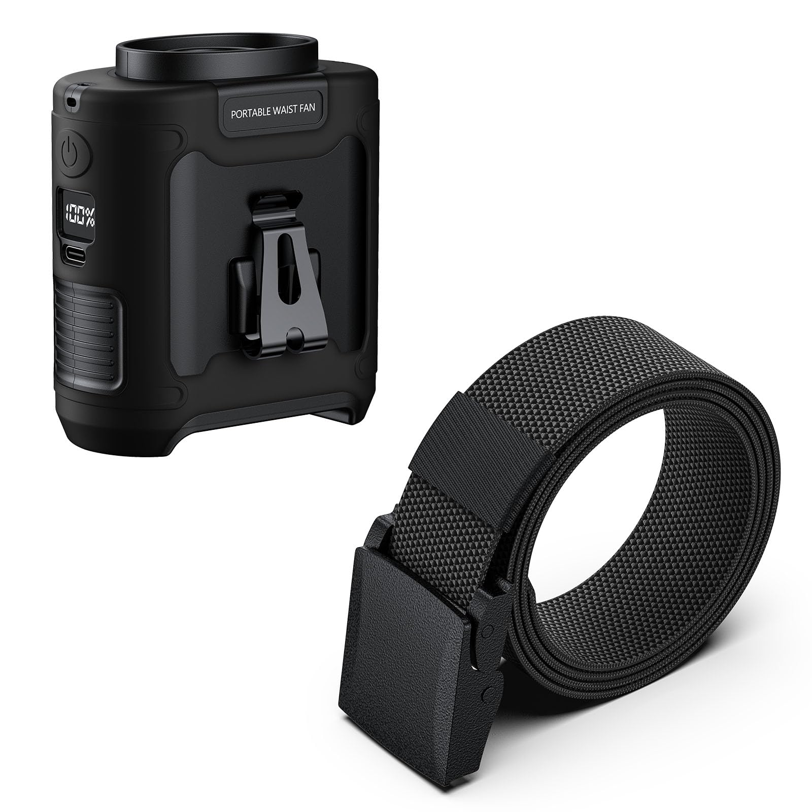 morsisho 1 Pack Black Portable Waist Fan and 1 Pack Black Tactical Nylon Belt