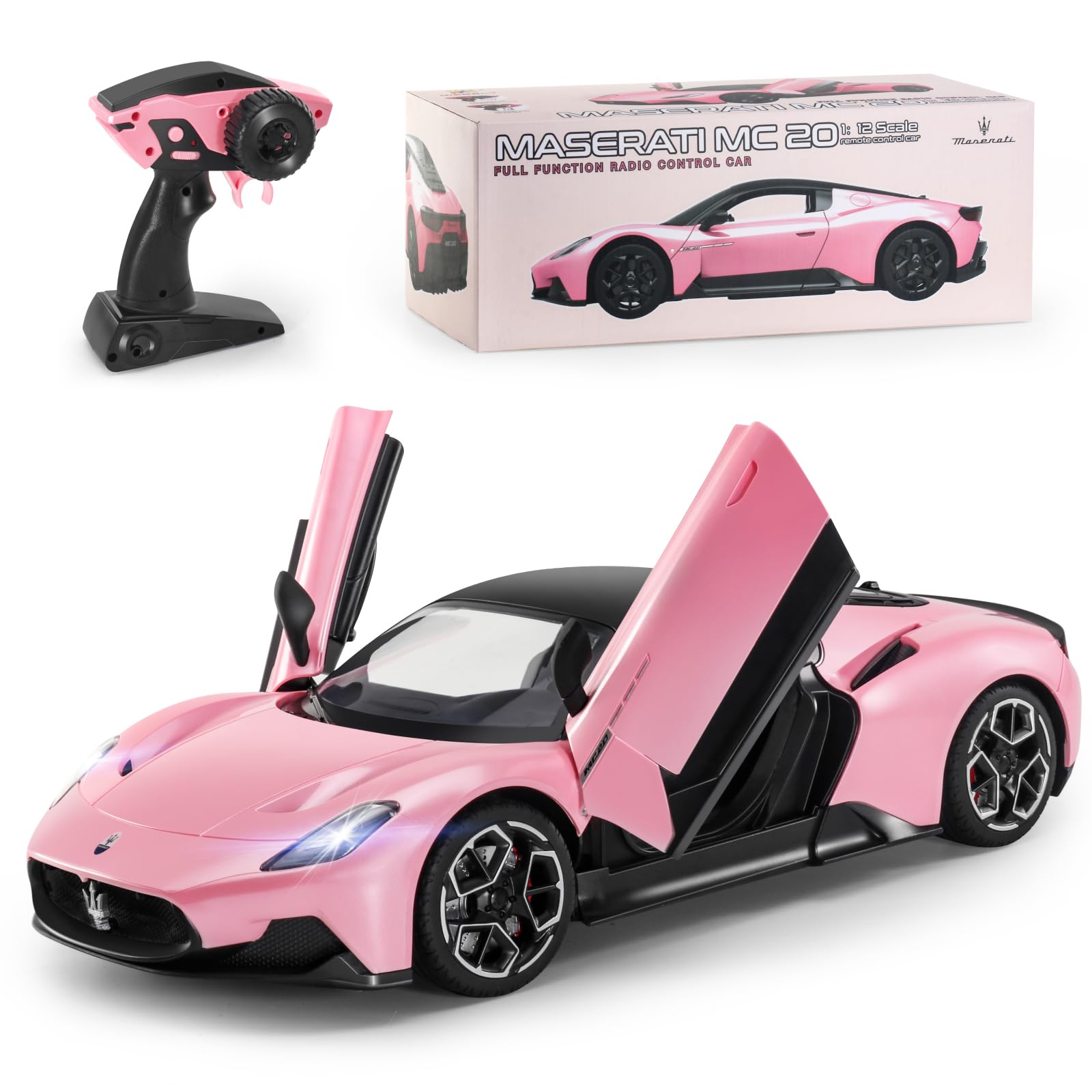 MIEBELY Maserati Remote Control Car, Openable Door 1:12 Scale Rc Toy Car 7.4V 900mAh Licensed 12Km/h Fast Rc Cars with Led Light 2.4Ghz Model Car for Adults Boys Girls Birthday Ideas Gift (Pink)