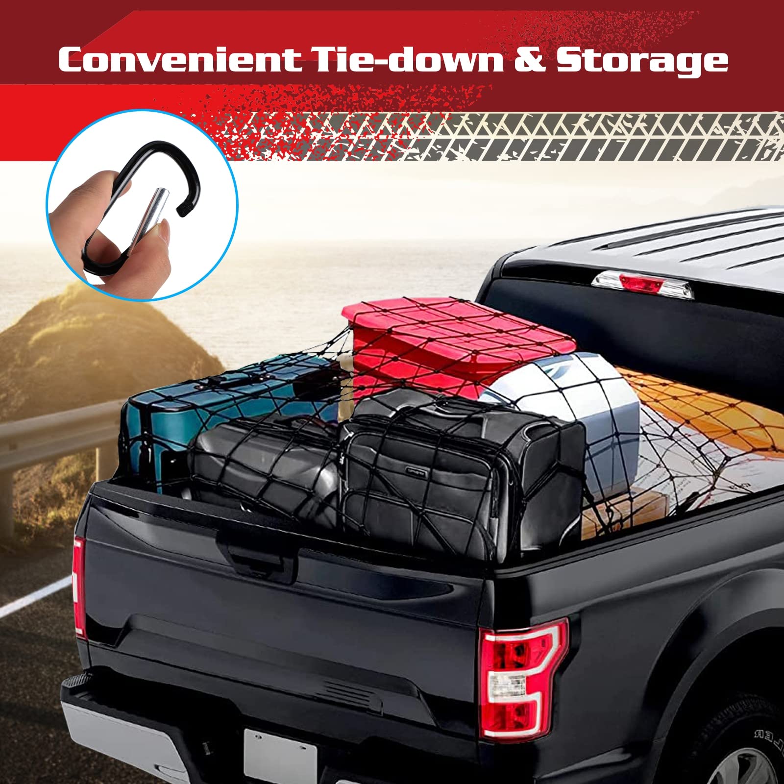 ANALIM Cargo Net for Pickup Truck Bed, 4' x 6' Stretches to 8' x 12' Heavy Duty Bungee Cargo Net with 12 Pcs Metal Carabiner Clips, Tie-Down Mesh Cord Net for Trailer Luggage