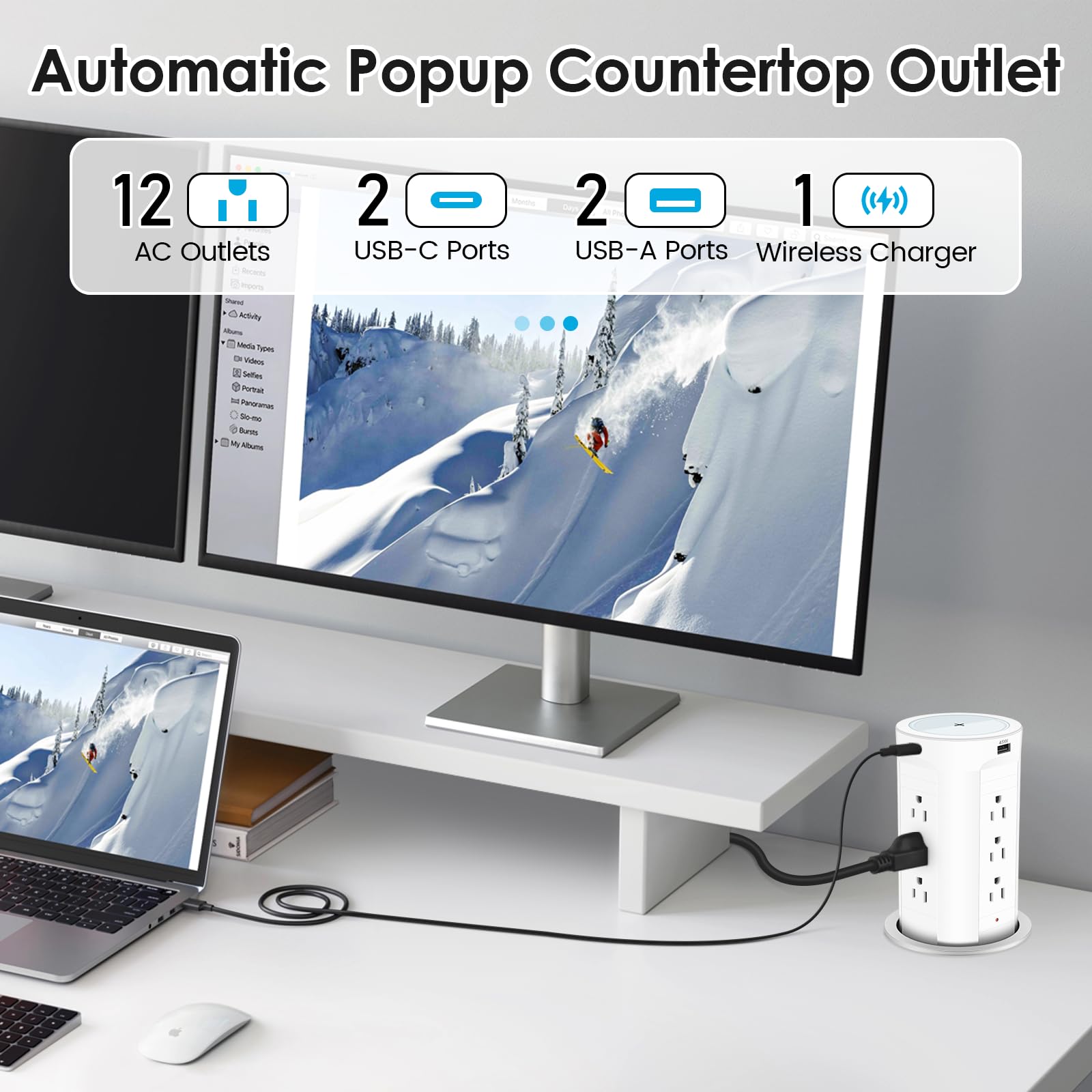 4-inch Pop Up Outlet for Countertop with 45W USB,17-in-1 Desktop Power Strip with 15W Wireless Charger,12 Outlets 4 USB Ports,15Amp Tamper Resistant Receptacle for Home Office Kitchen White