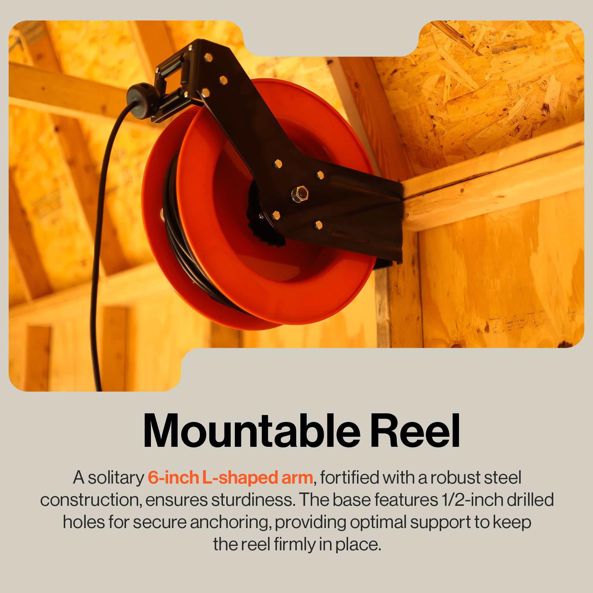 SuperHandy Extension Cord Reel Retractable 14AWG x 100' Feet 3C SJTOW Cable Triple Tap Connector Power Rating 125 Volt AC 13 Amp 1625 Watt Industrial Steel Single Arm