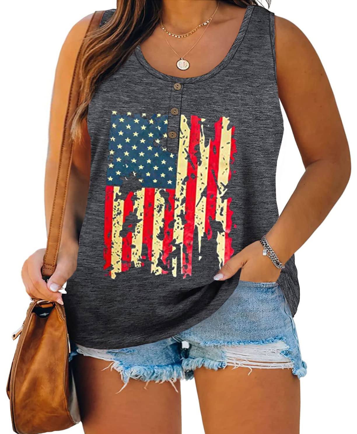 Plus Size Tank Tops for Women Summer Sleeveless American Flag Graphic Print T-Shirts Tops Casual Cotton Tees Shirts