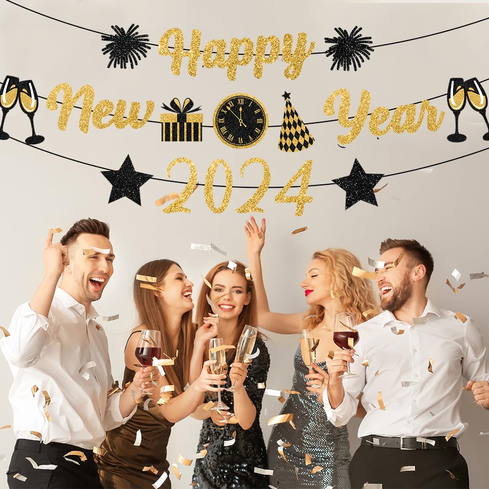 Gold Black New Years Decorations 2025 Glitter Happy New Year Banner New Years Eve Party Supplies New Years Eve Decorations Happy New Year Sign For New Year Party Decorations