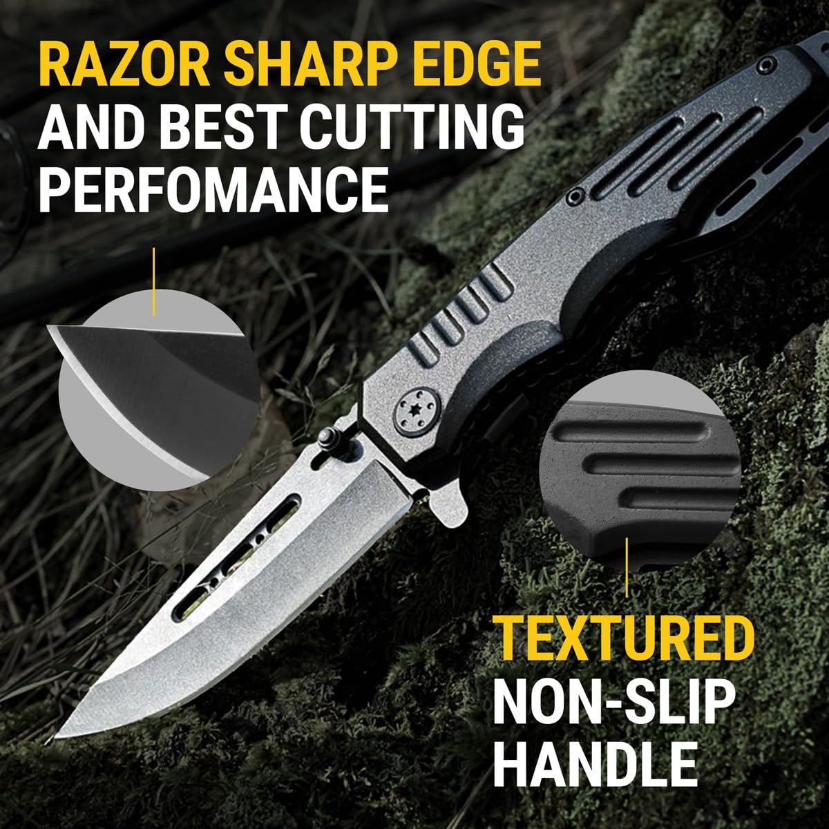 Safety Lock Pocket Knife - Spring Assisted 3.4-inch Sharp Blade - Folding Tactical Black Knife with Aluminum Handle - Ideal Knives Set for EDC Camping Hunting Survival - Birthday Gift for Men & Women 6681