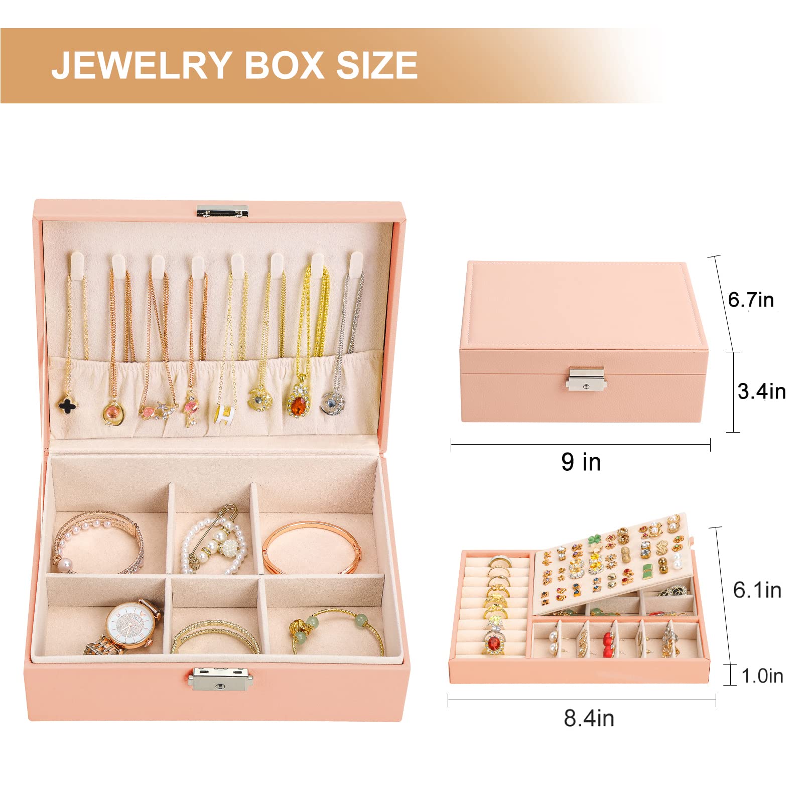 Jewelry Organizer Box, Leather Jewelry Box for Girls Gift Earring Organizer with Lock Double Layers Jewelry Case Removable Tray for Necklace Earring Ring with Polishing Cloth and Jewelry Bags