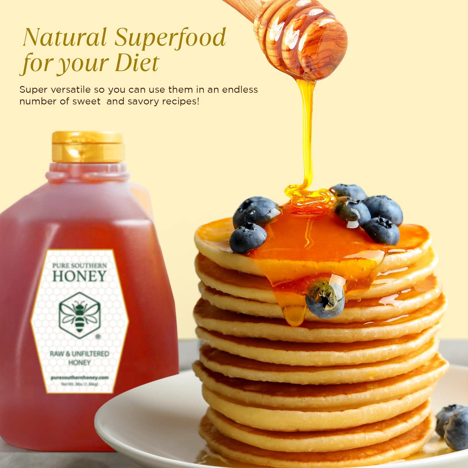 100% Raw Unfiltered Honey , Bulk by Pure Southern Honey [ 3 lb] - Authentic, USA - Made Gallberry Honey - Pure Unheated Honey - Non - GMO, Unsweetened, Sugar - Free, Real American Honey - Pour Jug With Flip Top