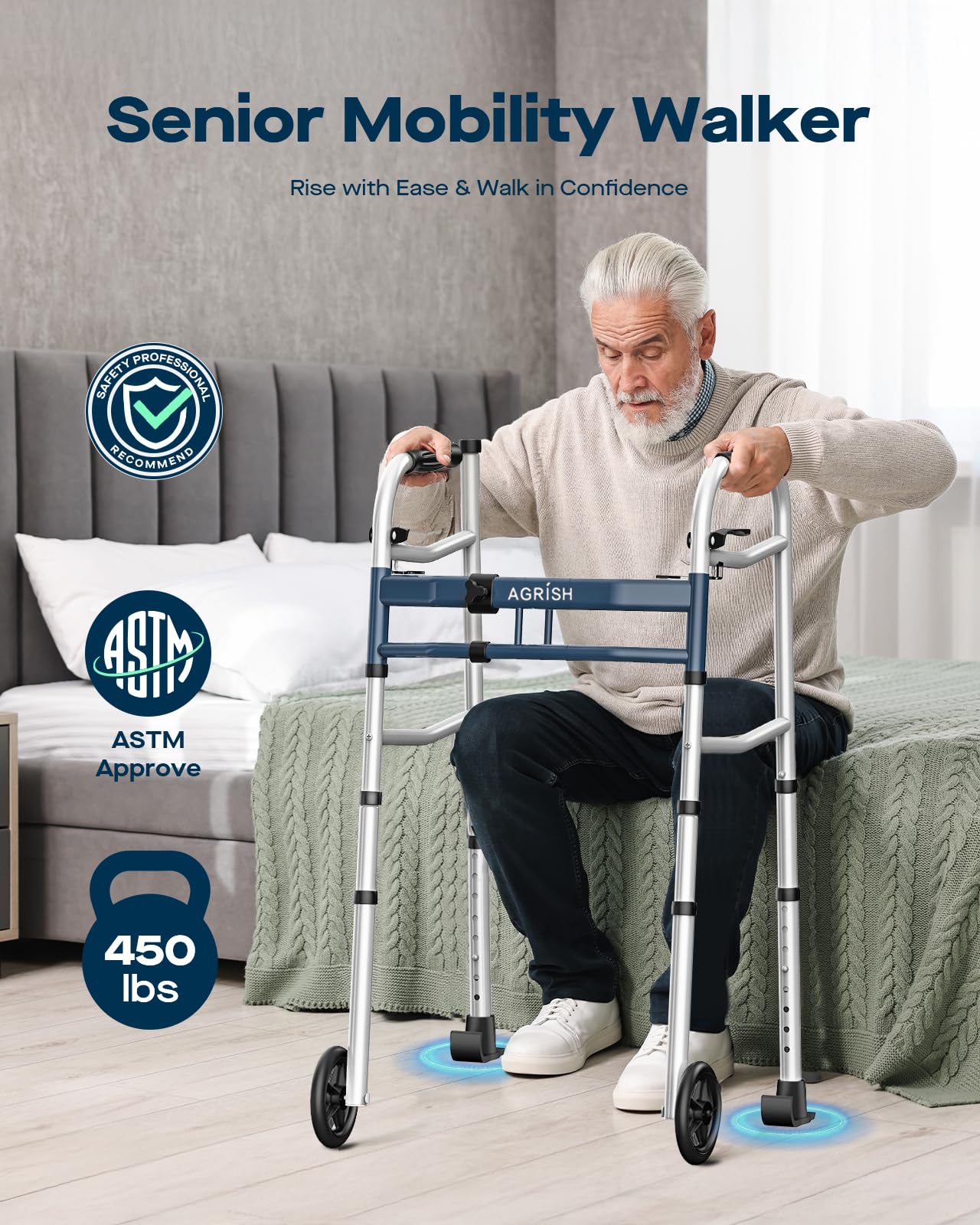 Narrow Walker Folding Upright Walker - with Removable Armrests, 450LBS Heavy Duty, Width & Height Adjustable Narrow Walkers for Seniors, Disabled, Bariatric