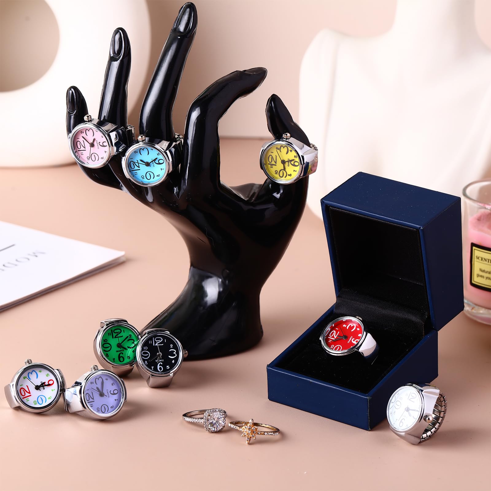 Landical 10 Pcs Finger Watches Set Adjustable Ring Watch for Women and Men Creative Elastic Round Quartz Finger Ring Watches (Fresh Color)