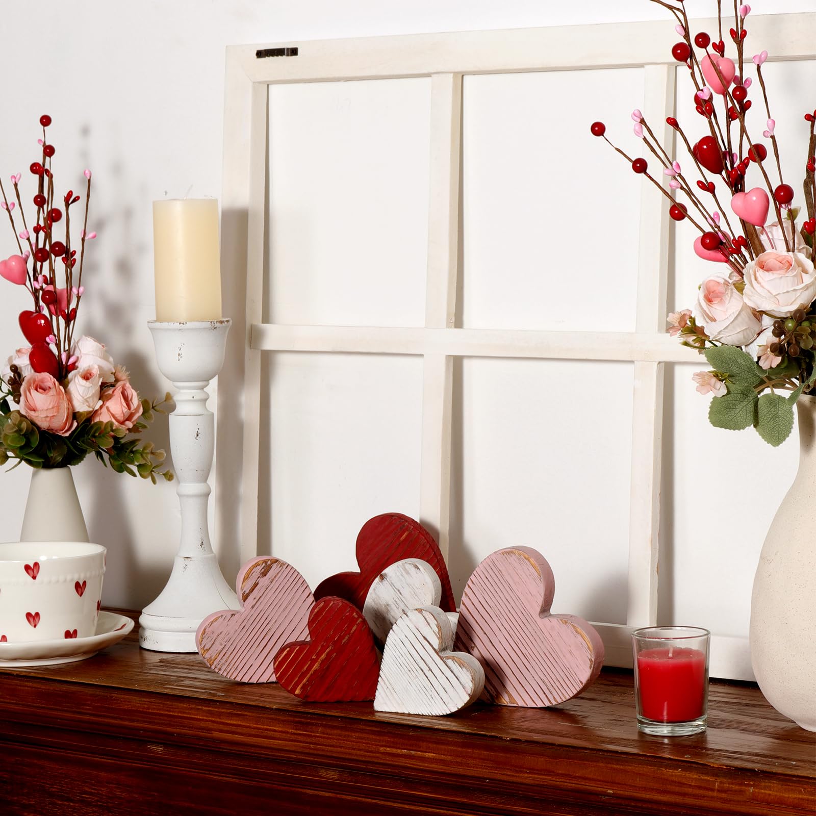 Valentines Day Tiered Tray Decor: 6pcs Red Pink & White Farmhouse Distressed Wood Heart Table Decorations Sign, Vintage Valentines Decorations for the Home Table Décor Anniversary Couple, Rustic Style