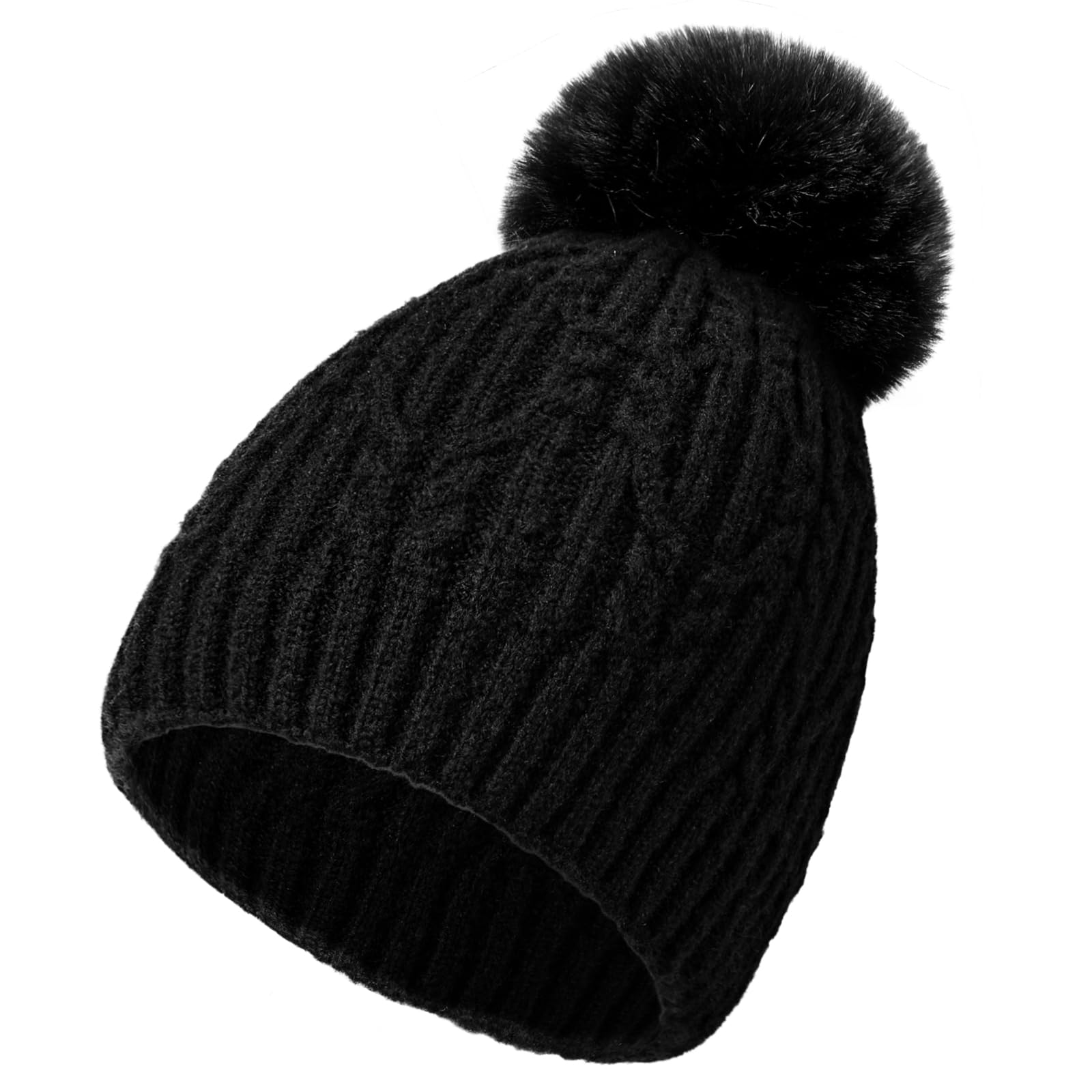 Loiyadn Women's Winter Beanies - Knit Beanie Hats with Faux Fur, Soft and Warm - Black
