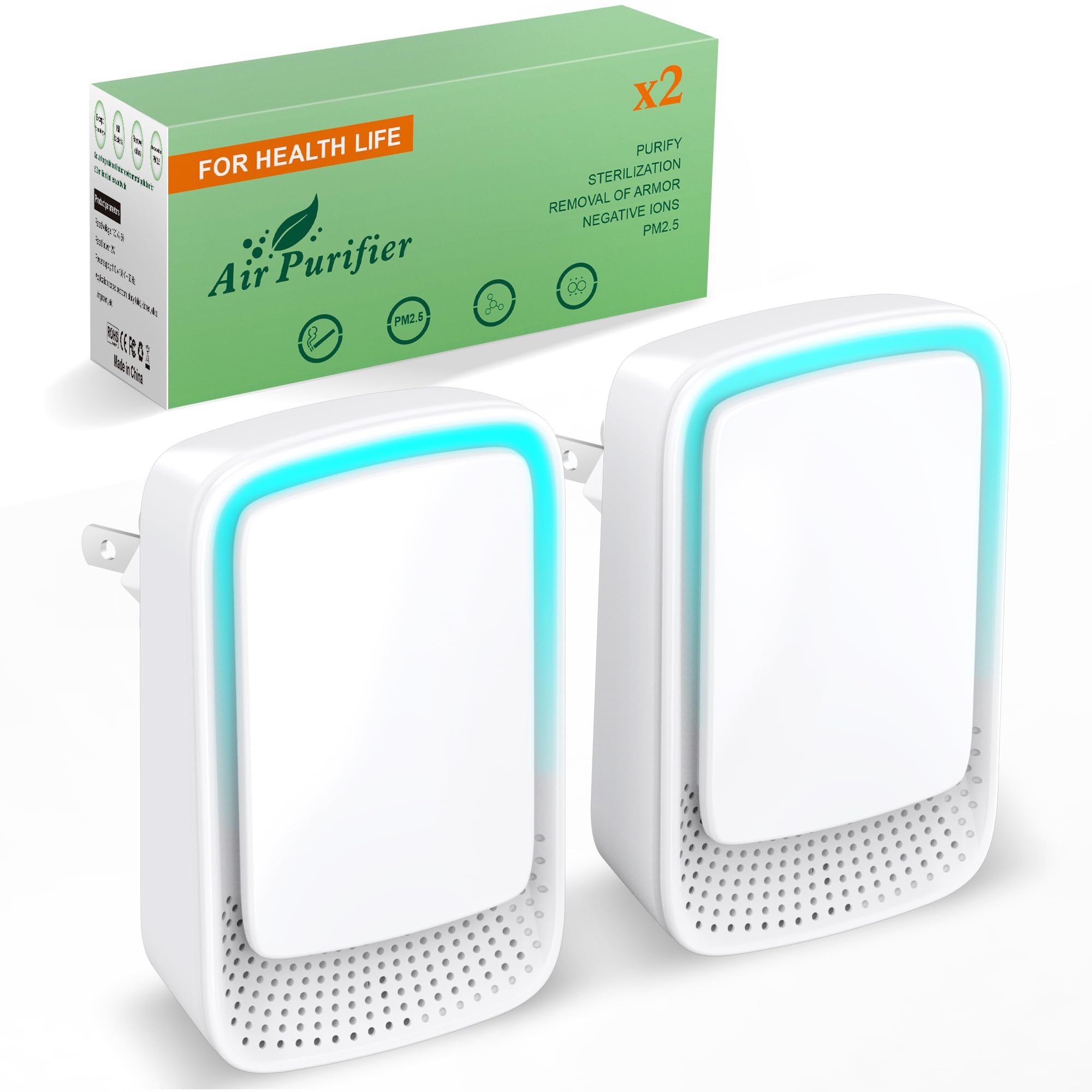 Plug In Air Ionizers - Negative Ion Technology Air Purifier - Quiet Operation Air Freshener for Home, Bedroom, Office, Garage Room - Portable Air Purifiers Odor,Pets Smell - Air Cleaner White (2 Pack）
