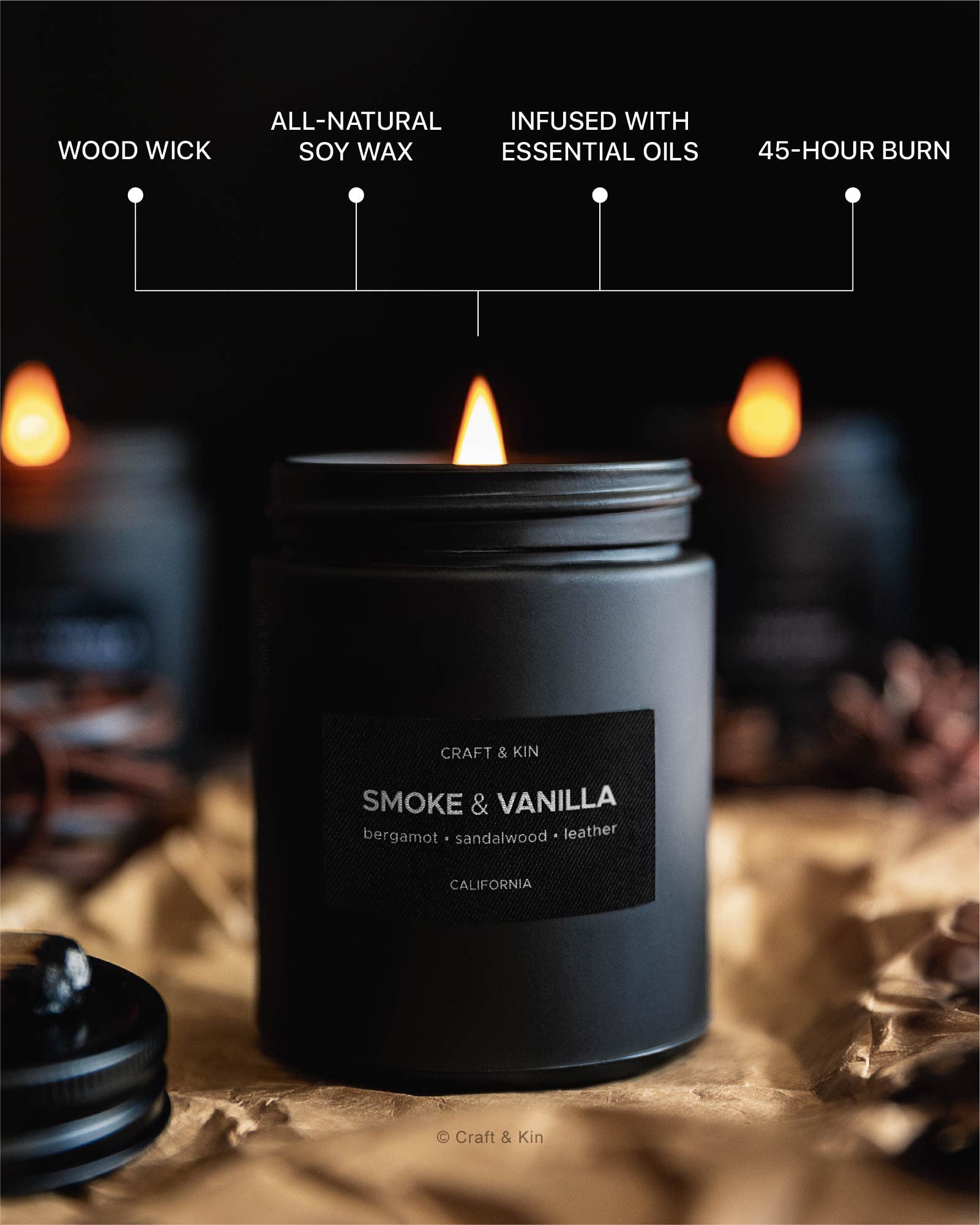 Craft & Kin Smoke & Vanilla Candle | Scented Candle for Men | Masculine Candle | Soy Candle | Scented Candle for Home Scented | Black Candles | Long Lasting Candles with 45 Hour Burn Time 7.6oz