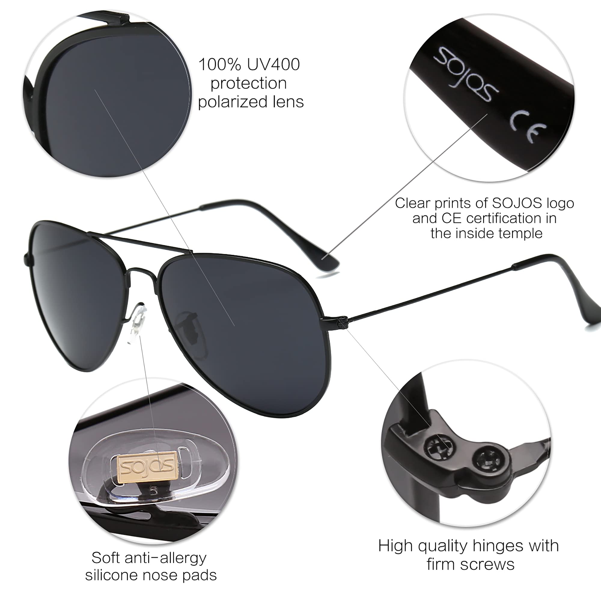 SOJOS Classic Aviator Polarized Sunglasses for Men Women Vintage Retro Style,Black/Grey