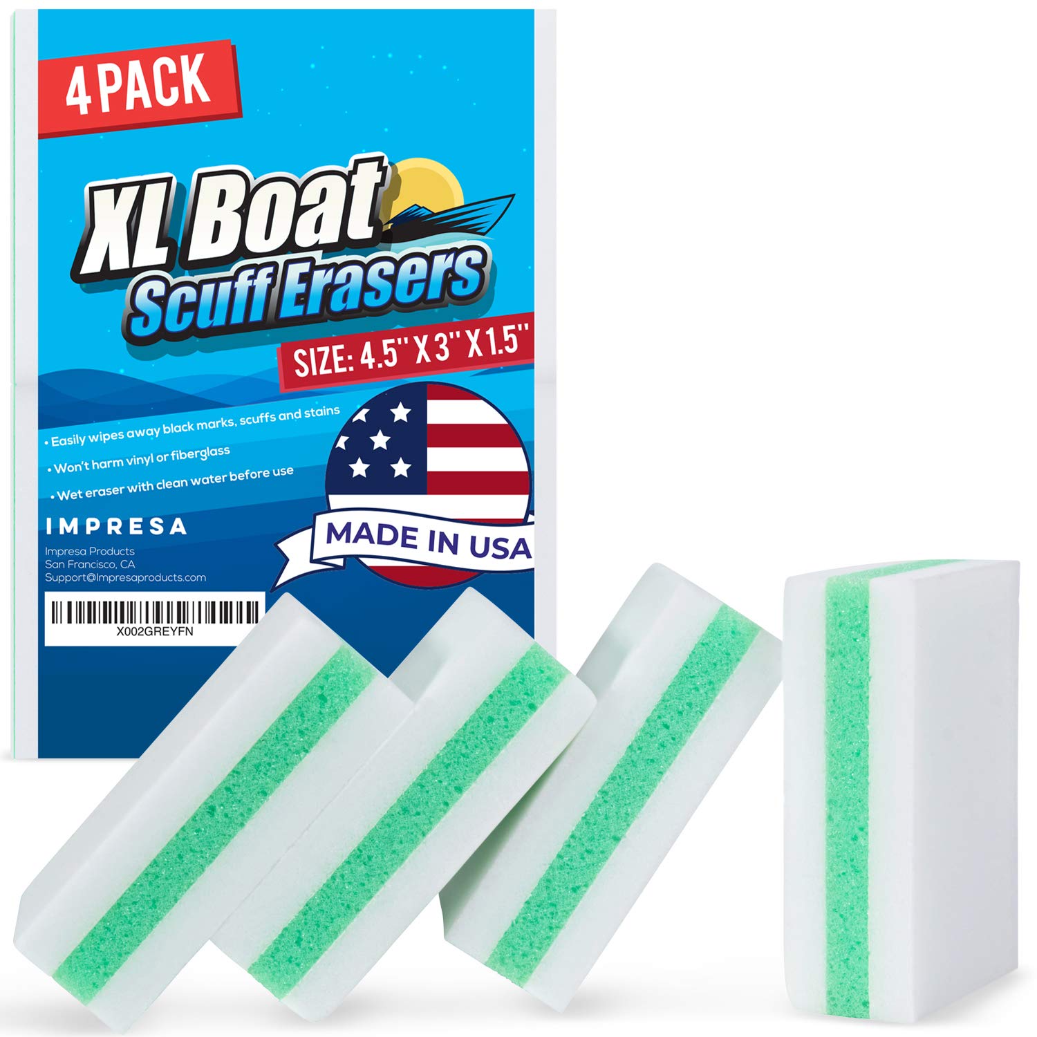 IMPRESA Boat Scuff Eraser 4 Pack - XL Boat Cleaner - Made in USA- Effectively Cleans Marks & Dirt from Fiberglass, Aluminium, Gelcoat, Plastic & Metal - Marine Vessel Products Boat Scuff Accessories
