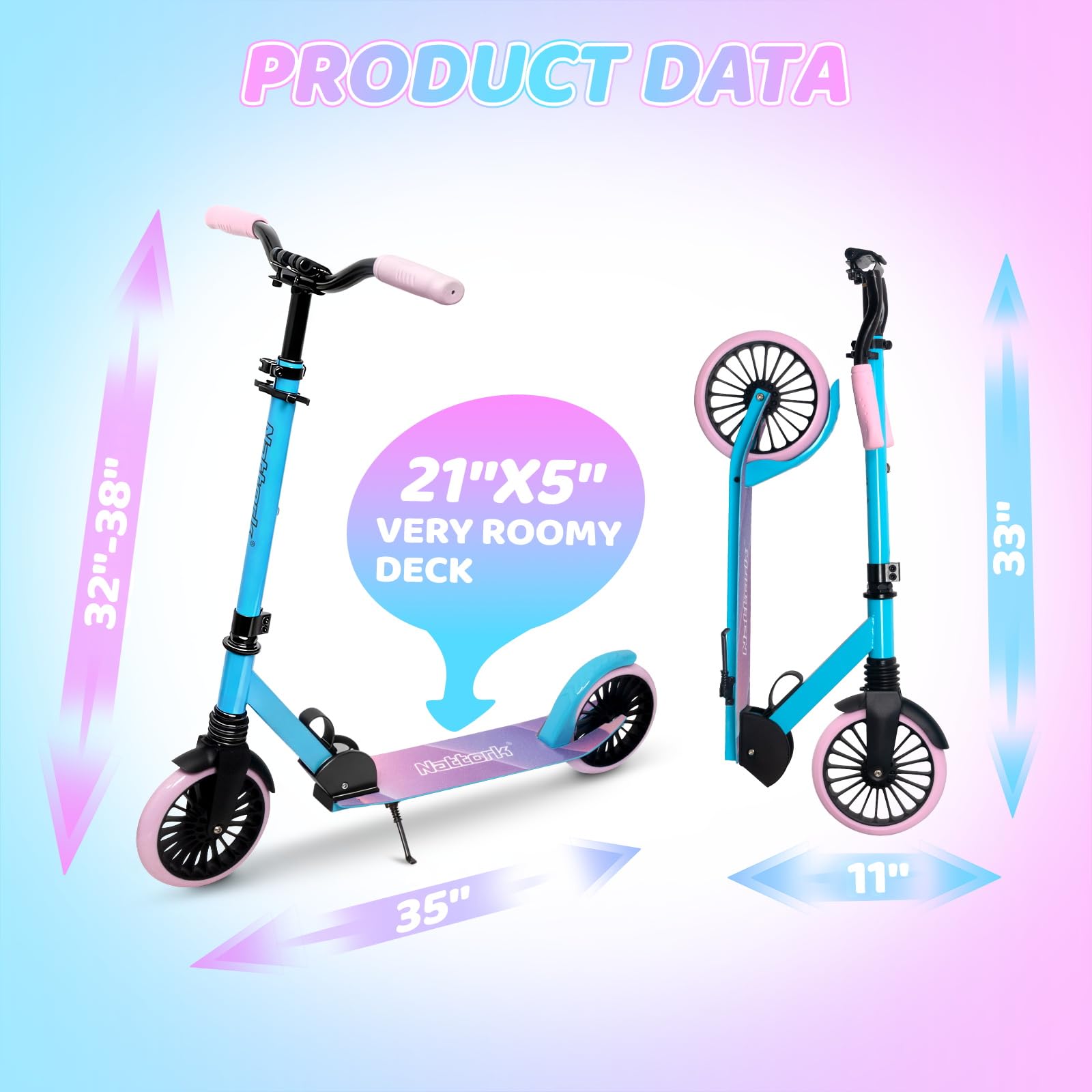 Nattork Kick Scooter for Teens Adults, Max Load 240 LBS, Adjustable Height Foldable with 8" Large Wheels, Anti-Shock Suspension Blue