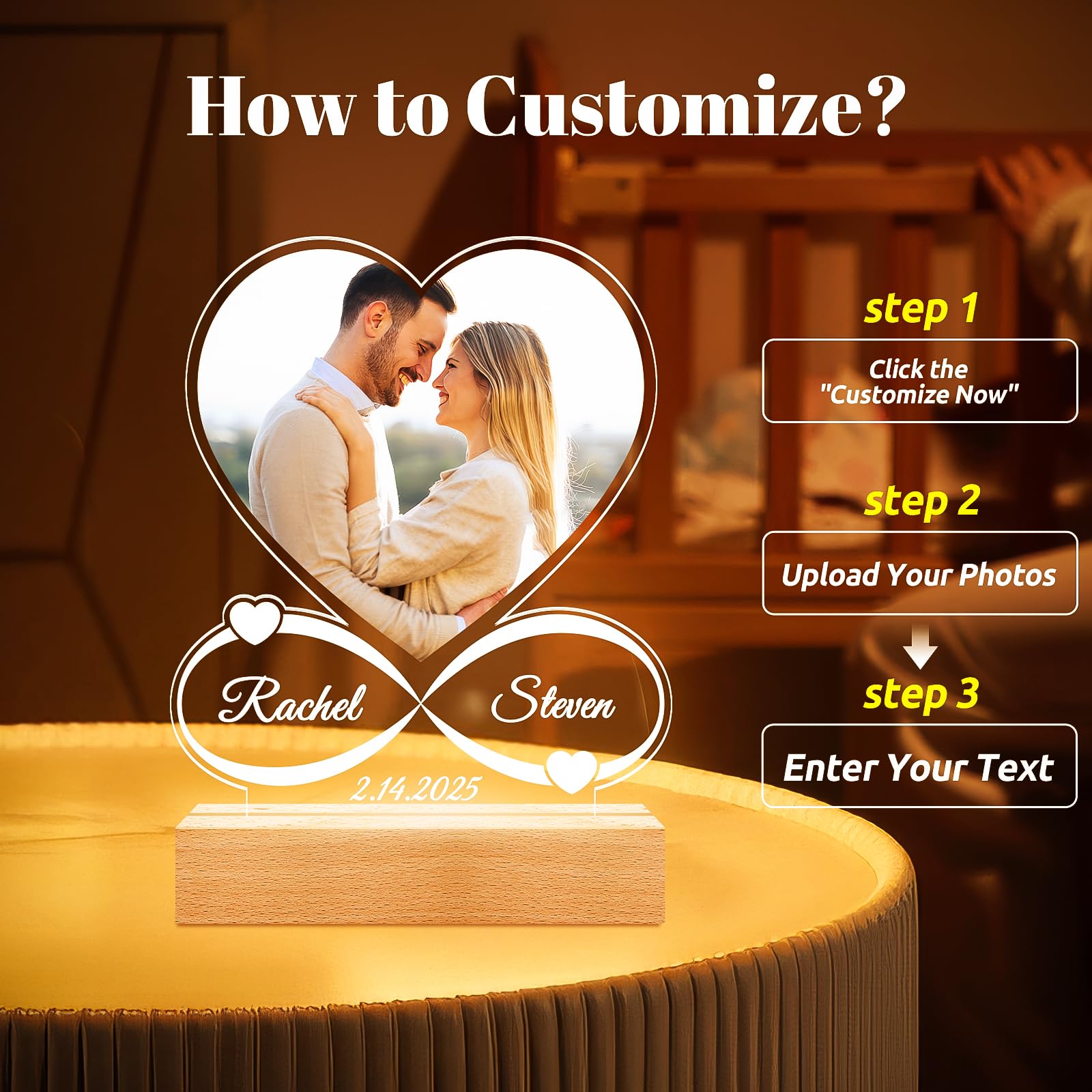 Personalized Anniversary Couple Gifts for Women and Men, Customized Heart Photo Frame, Custom Picture Frames with Night Light, Personalized Valentines Day Gifts for Her Him Girlfriend Boyfriend