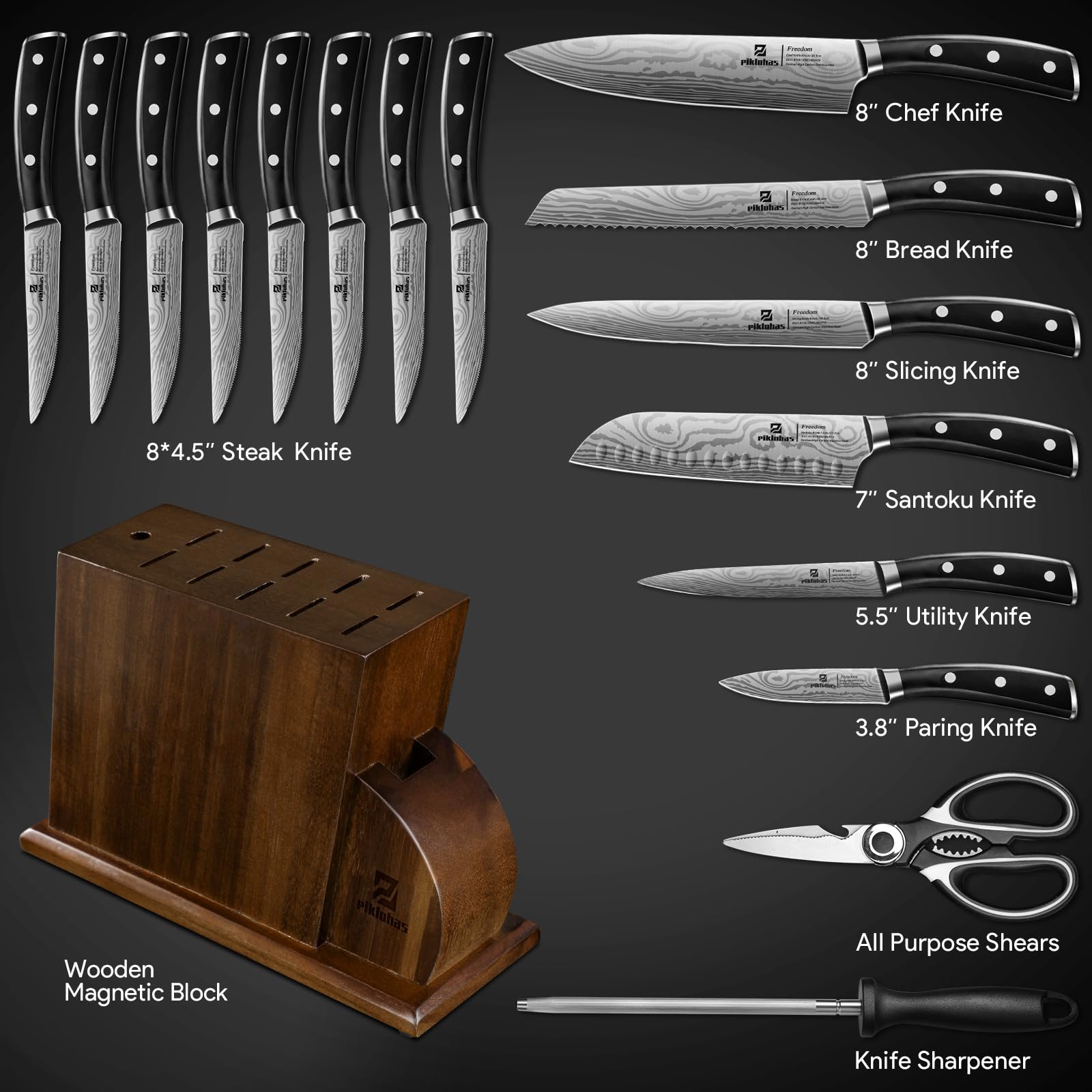 Piklohas Kitchen Knife Sets For Kitchen With Block, 17 Pieces With Magnetic Knife Holder, German High Carbon Stainless Steel Damascus Pattern Chef Knife Set With Sharpener, Steak Knives