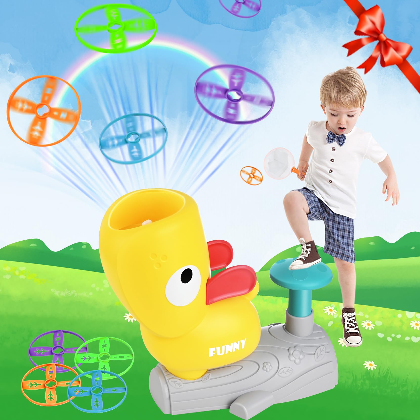 Outdoor Toys for Kids Ages 3-8, Flying Disc Launcher Toy Chasing Games, Pop-Up Flying Saucer Machine, Family Outside Yard Activities Chasing Toy Christmas Birthday Giftwares for Girls and Boys