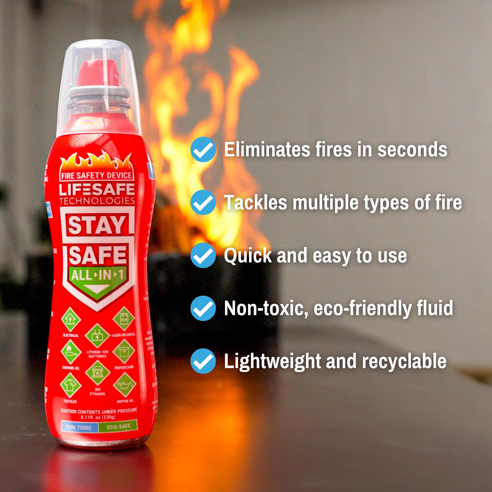 StaySafe All-in-1 Portable Fire Extinguisher by LifeSafe Technologies | Compact & Easy to Use | for Home, Kitchen, Car, Garage, Boat | Non-Toxic & Eco-Friendly | Tackles 10 Types of Fire | 3 Pack