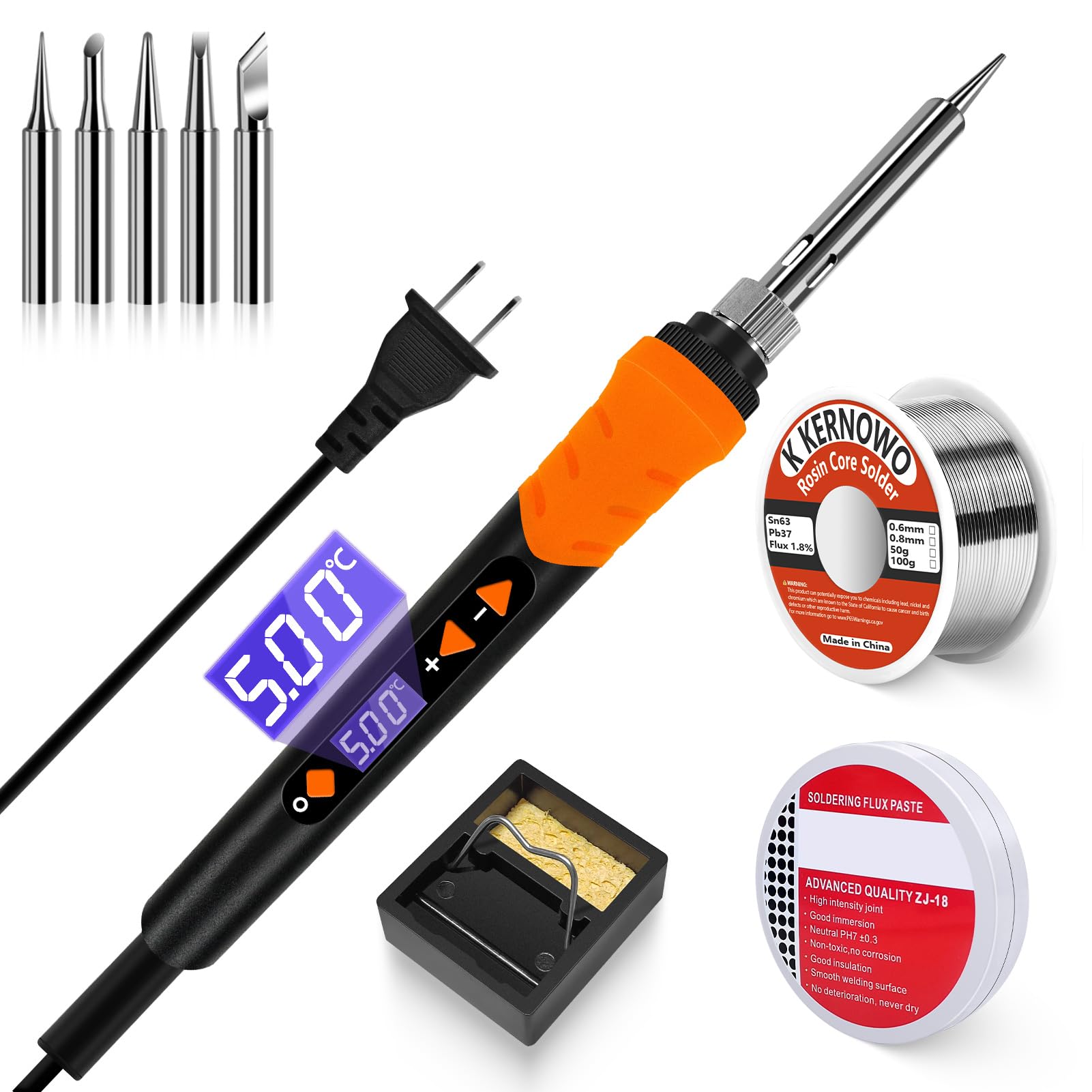 Soldering iron, 68W Soldering Gun, 9-in-1 Soldering Kit LCD Adjustable Temperature 392-932℉ & Thermostatic Design, Soldering Iron Kit with 5PCS Soldering Tips, Wire, Sponge, Flux
