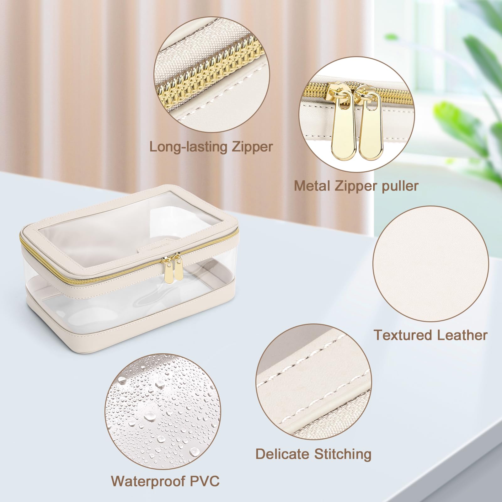 Soimeat Travel Clear Makeup Bag with Makeup Brush Bag, Leather Makeup Case Toiletry Bag, Portable Cosmetic Bag Case, Transparent Waterproof Cosmetic Organizer Storage Bag for Women, Off-White