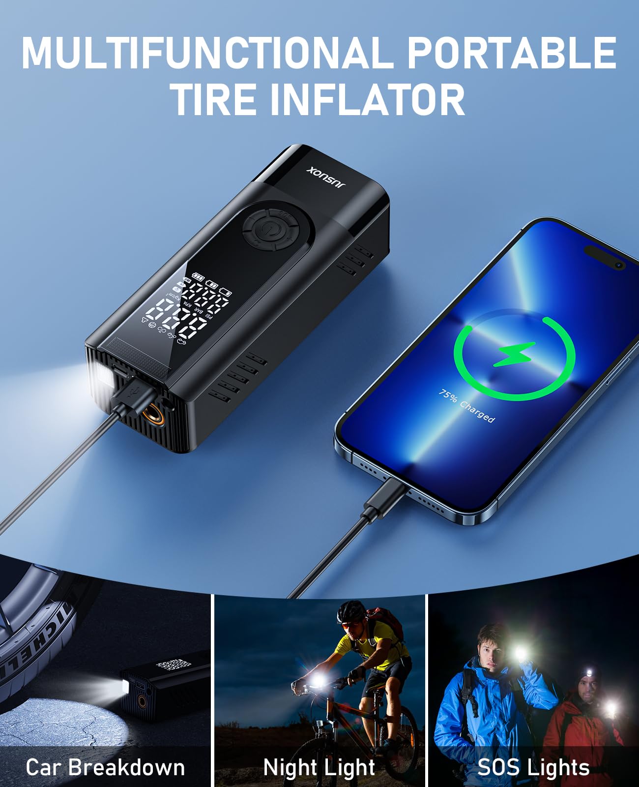 Tire Inflator Portable Air Compressor, 150PSI Cordless Air Pump for Car Tires, Battery & 12V DC Dual Power Electric Bike Tire Pump with Digital Pressure Gauge, LED Light, for Motorcycle, Ball