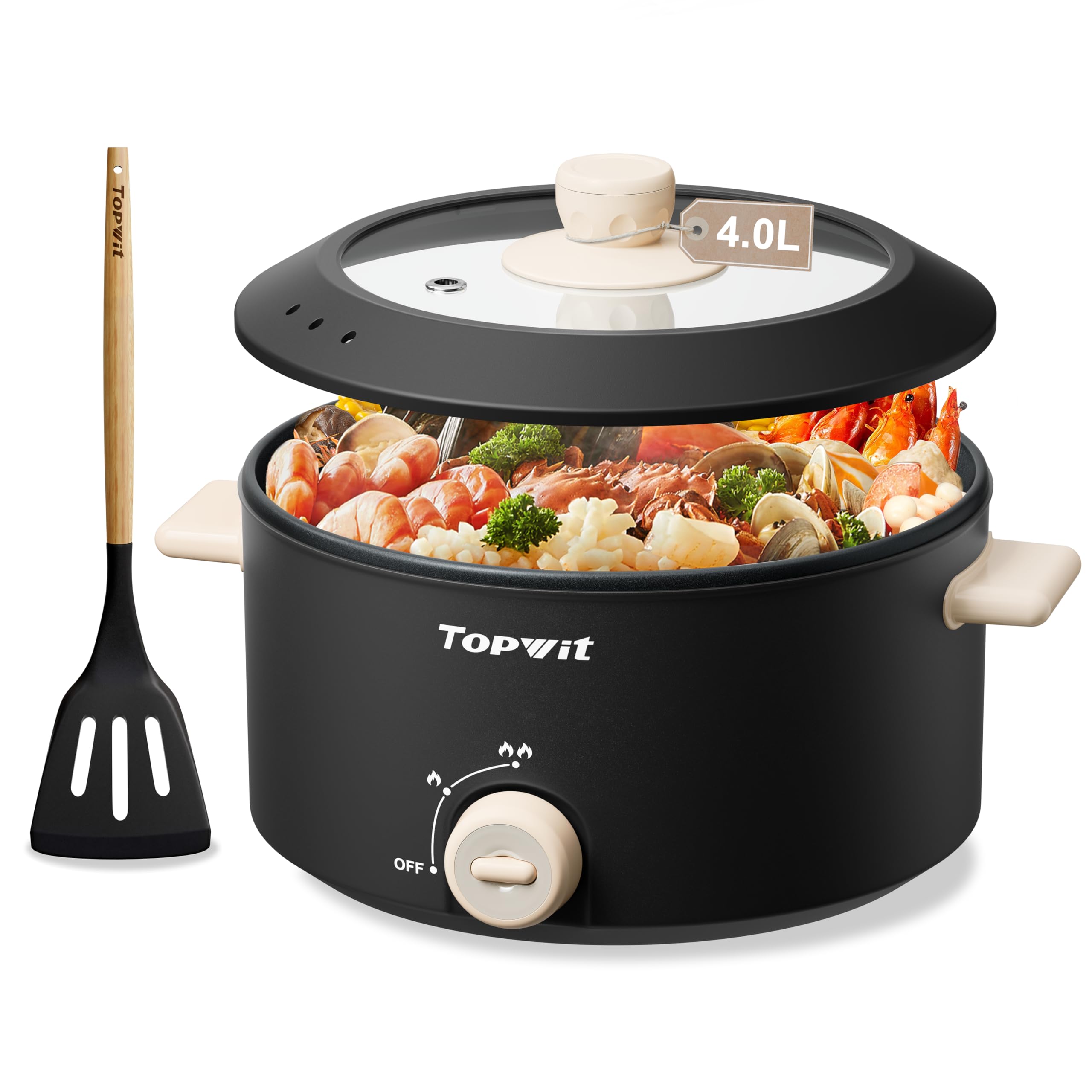 TOPWIT Hot Pot Electric, 4L Electric Pot with Non-Stick Coating, Dual Power Electric Cooker for Deep Frying, Steak, Pasta, Multi-Functional Large Capaity Shabu Shabu Pot for Party, Gathering, Black