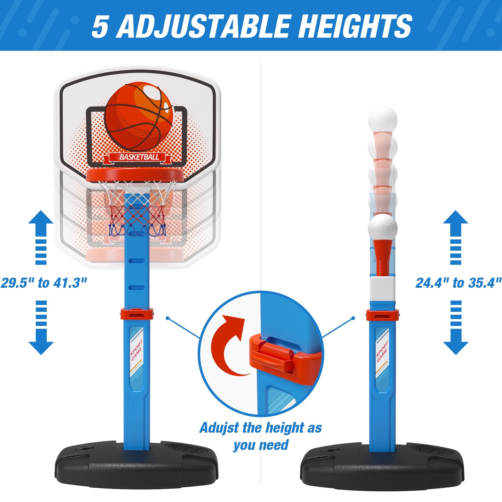 HYES 2 in 1 Kids Basketball Hoop and T Ball Set - Adjustable Height, Kids Baseball Tee with Automatic Pitching Machine, Indoor Outdoor Sport Toys Gifts for Toddler Boys Girls Age 1-5, Blue