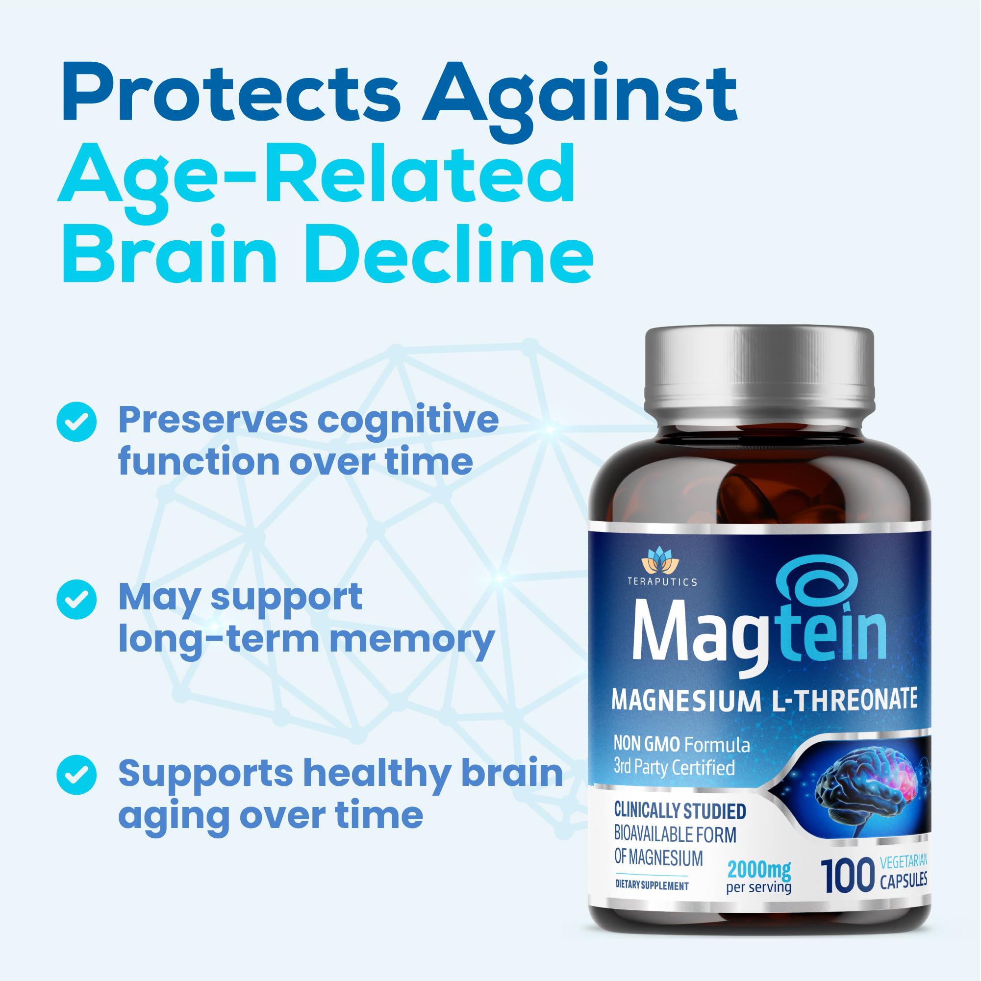 Magnesium L Threonate (Original Magtein Formula) - 2000 mg 100 Vegan Capsules Non-GMO Highly Absorptive Pure Supplement A Vitamin for Cognition Pills are Without Laxative Properties