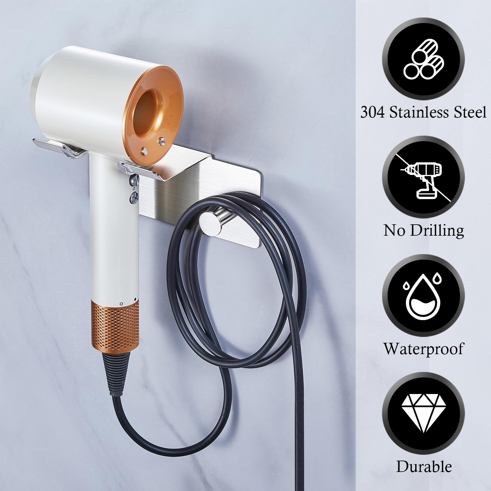 Hair Dryer Holder Wall Mounted, Blow Dryer Holder, Adhesive Hairdryer Holder for Bathroom, Hair Tool Organizer for Blowdryer Storage, Stainless Steel Hairdryer Organizer Blow Dryer Wall Hanger Stand
